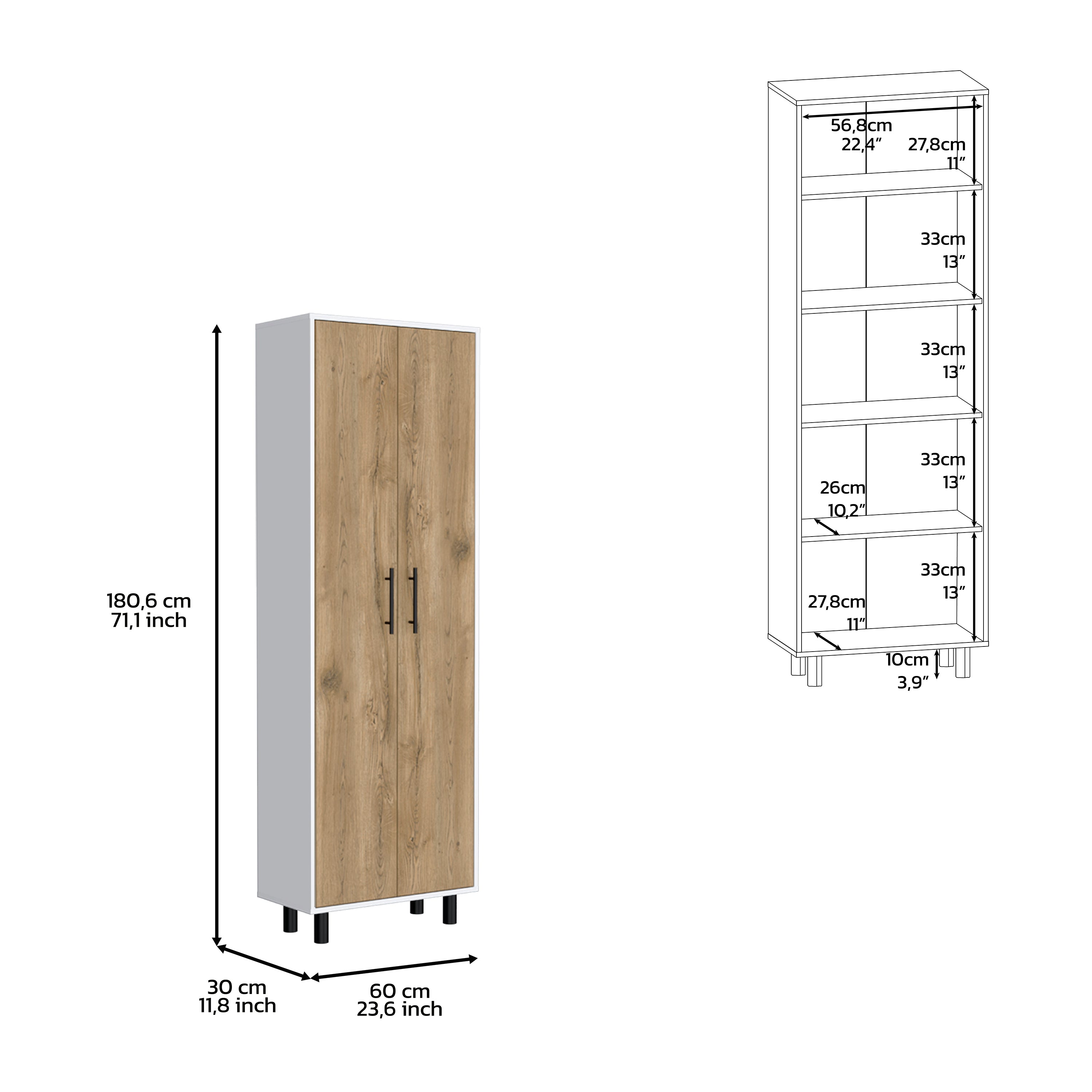 Armoire multi-rangements 71"H, cinq étagères internes, deux portes, blanc/macadamia