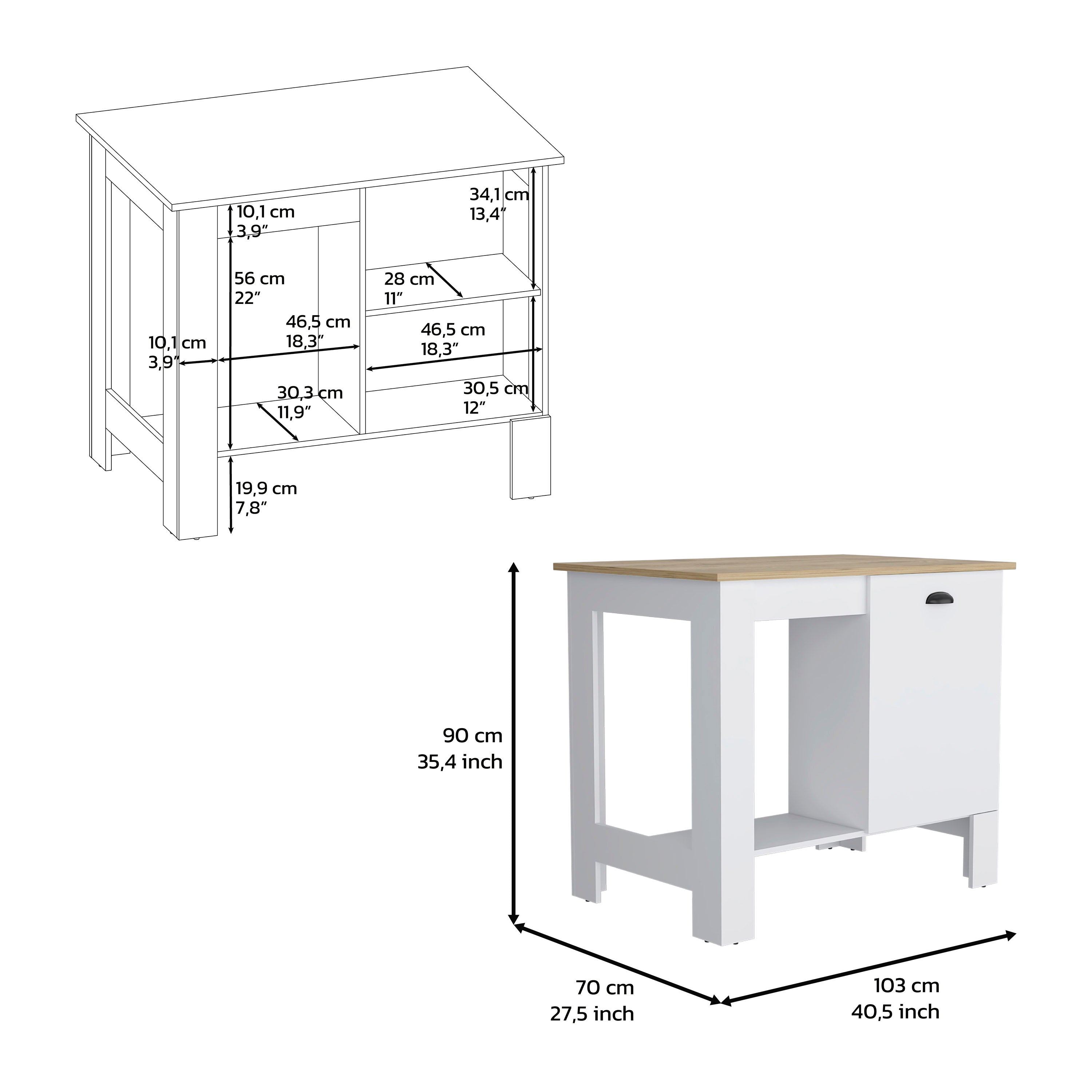 Isla de cocina 35" H, Un gabinete de almacenamiento con puerta, Dos estantes internos, Un estante de almacenamiento abierto, Blanco/Macadamia