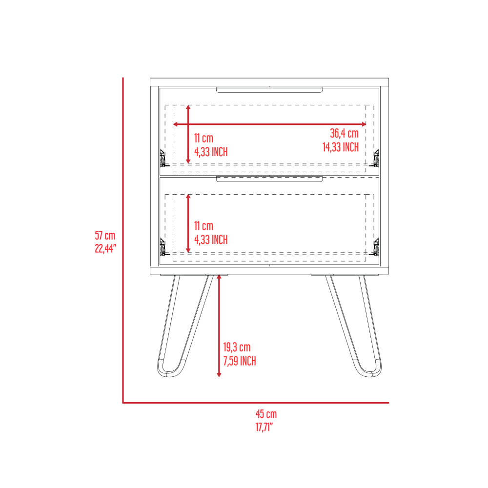 Table de chevet 22" H, Quatre pieds épingle à cheveux, Deux tiroirs Noir