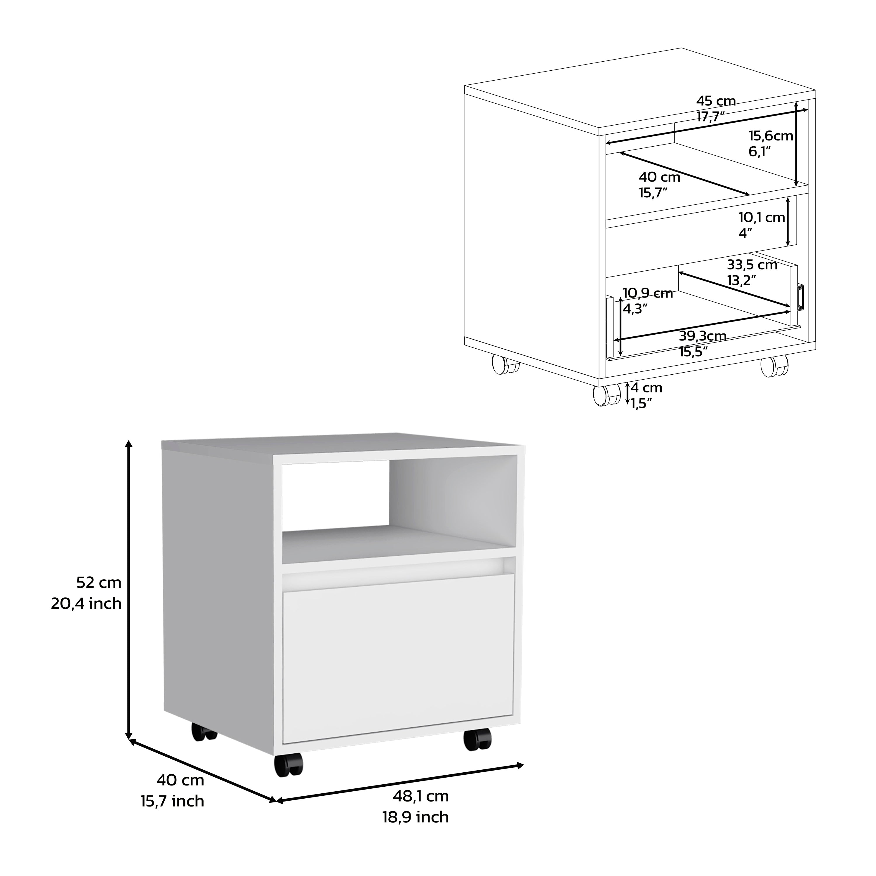 Nightstand 20"H, with One Open Shelf, 1 Drawer and Casters, White