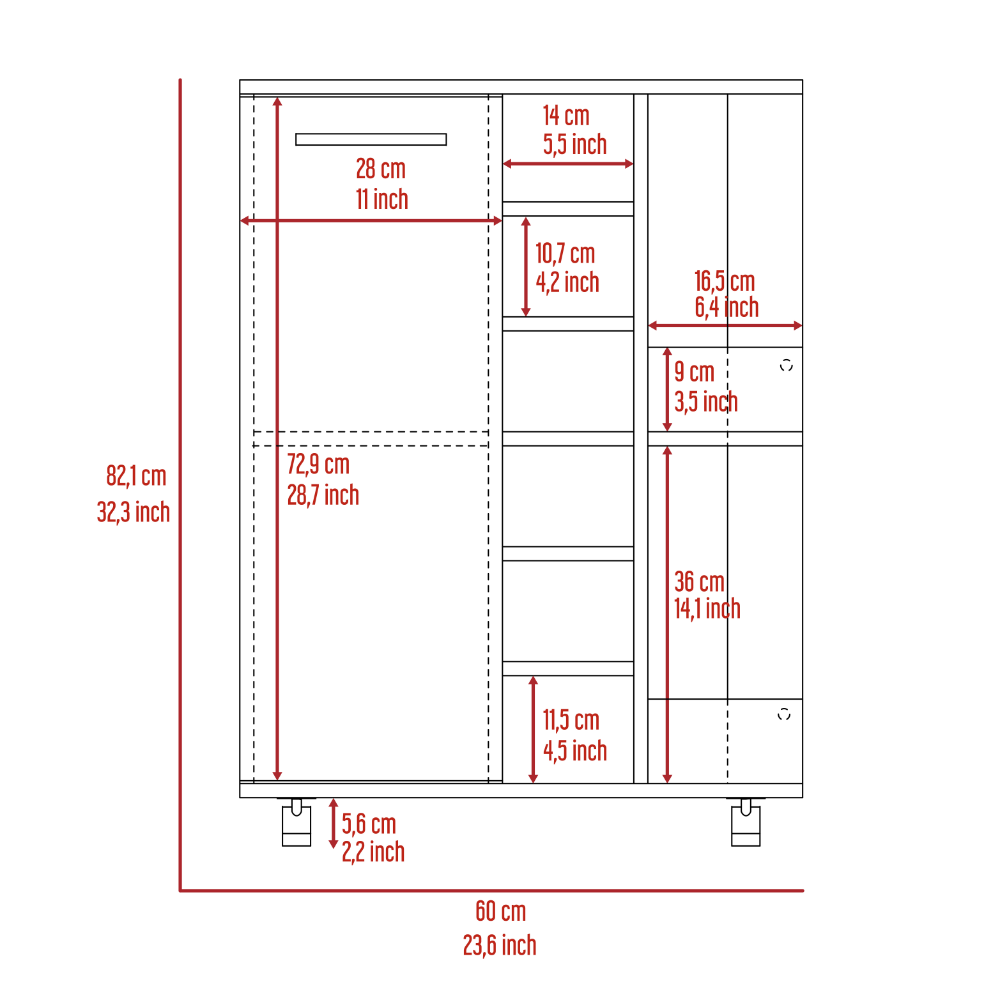 32" H white bar-coffee cart, cabinet storage, with 4 wheels, 1 divided storage with 1 shelf, 1 folding door, a central vertical division for 6 bottles and 2 side shelves with aluminum front