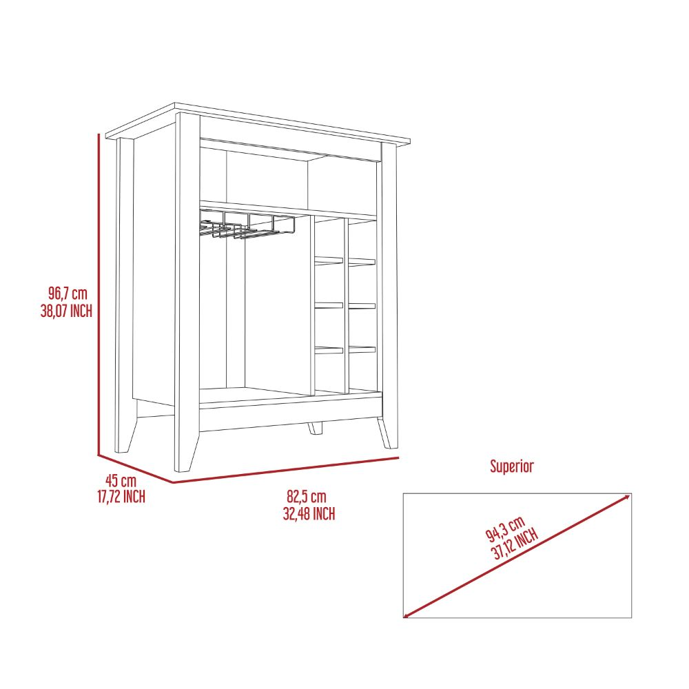 38" H light gray bar- coffee cart, Kitchen or living room cabinet storage, with 8 bottle racks, a central shelf with  1 Cup holders, ideal for storing glasses