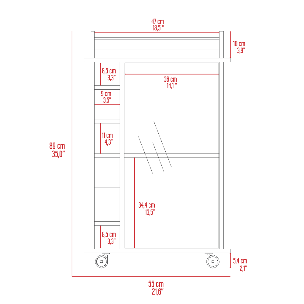 32" H white bar-coffee cart, Kitchen or living room cabinet storage with with 4 wheels, with 6 bottle racks, a central shelf covered by 1 glass door, 1 support surface with aluminum front.