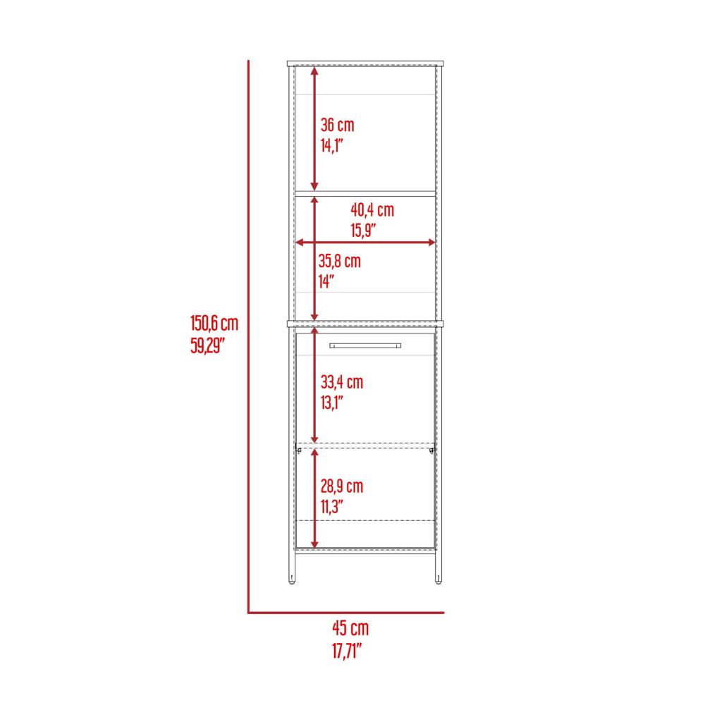 Kitchen Pantry 59" H, Two Open Storage Shelves, Single Door Cabinet, Two Interior Shelves, White