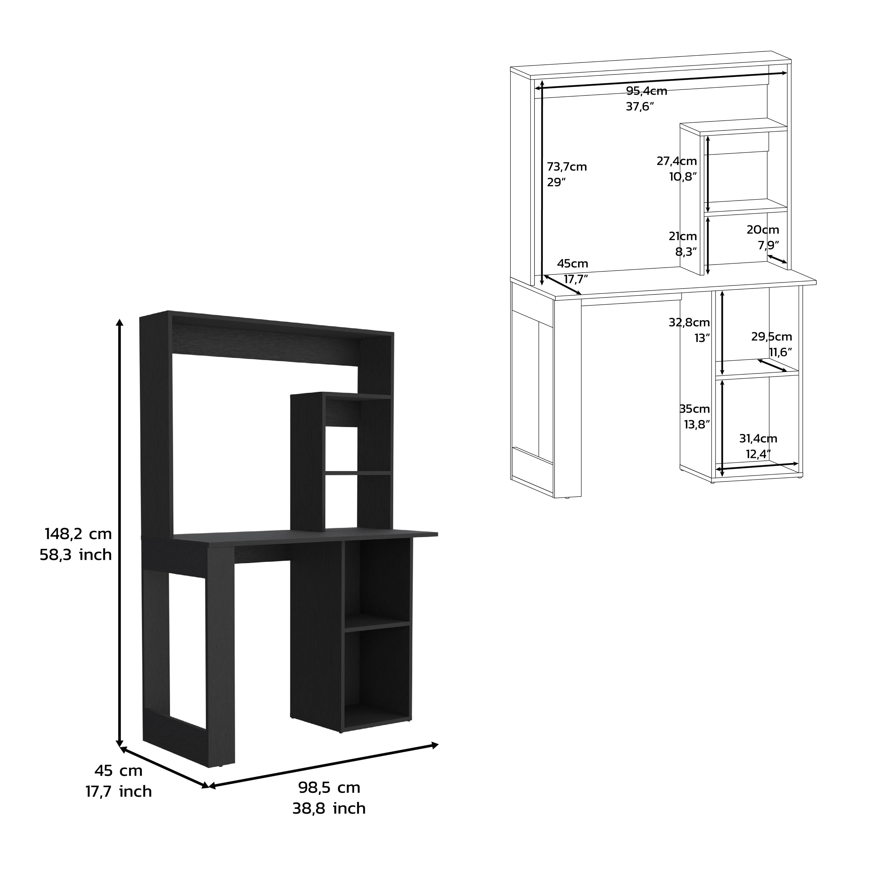 Ethel Writing Computer Desk with Storage Shelves and Hutch, Black