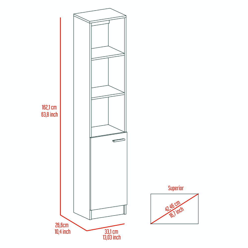 64H" Linen Single Door Cabinet, Three External Shelves, Two Interior Shelves and Metal handle, Pine