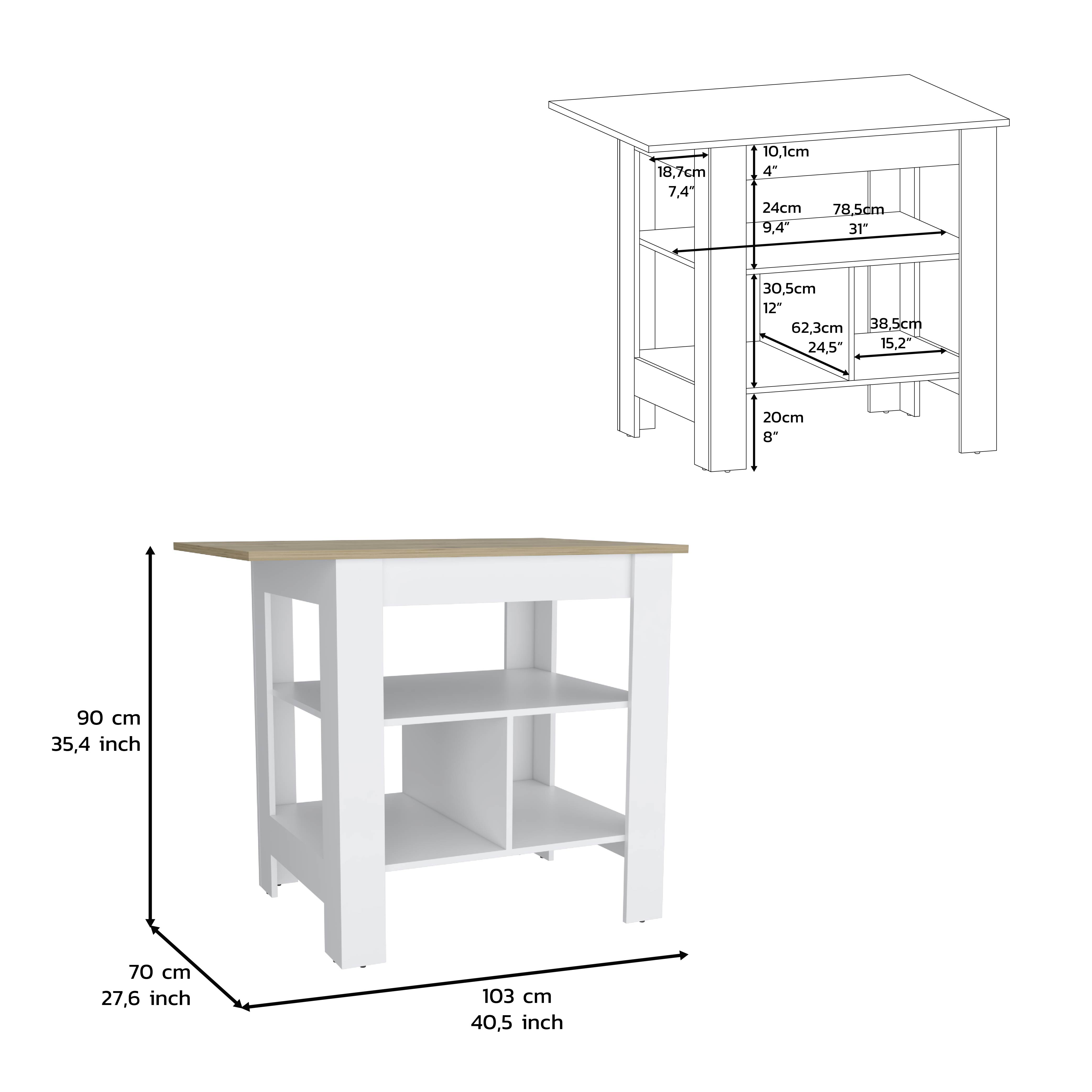 Kitchen Island, kitchen table 35" H, 3 Open Shelves, White/Macadamia