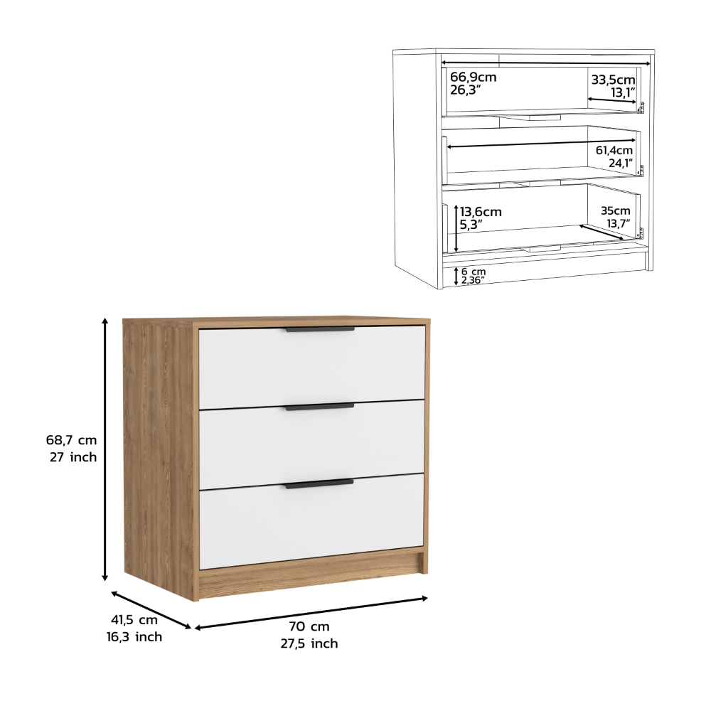 Dresser 27"H, 3 Cajones, Parte Superior Superior, Blanco / Roble Claro