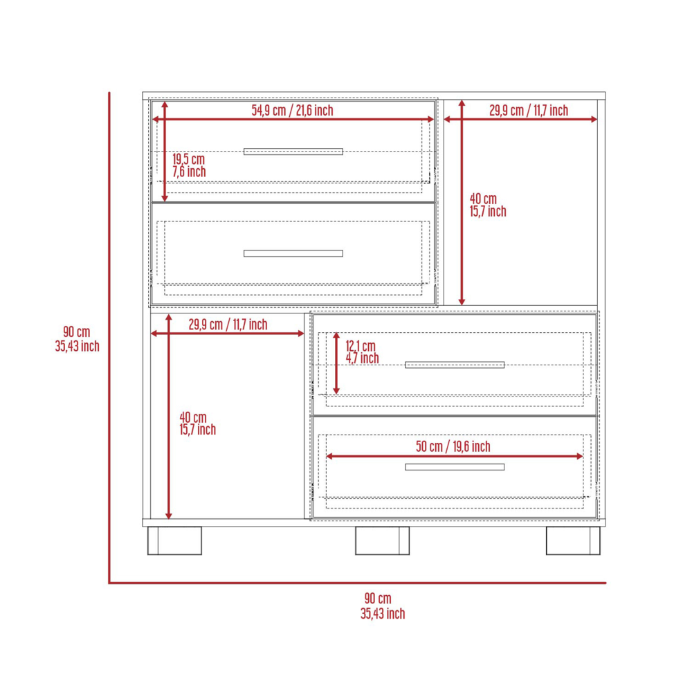 Dresser 35"H , Two Open Shelves, Four Drawers, Metal Handles, White