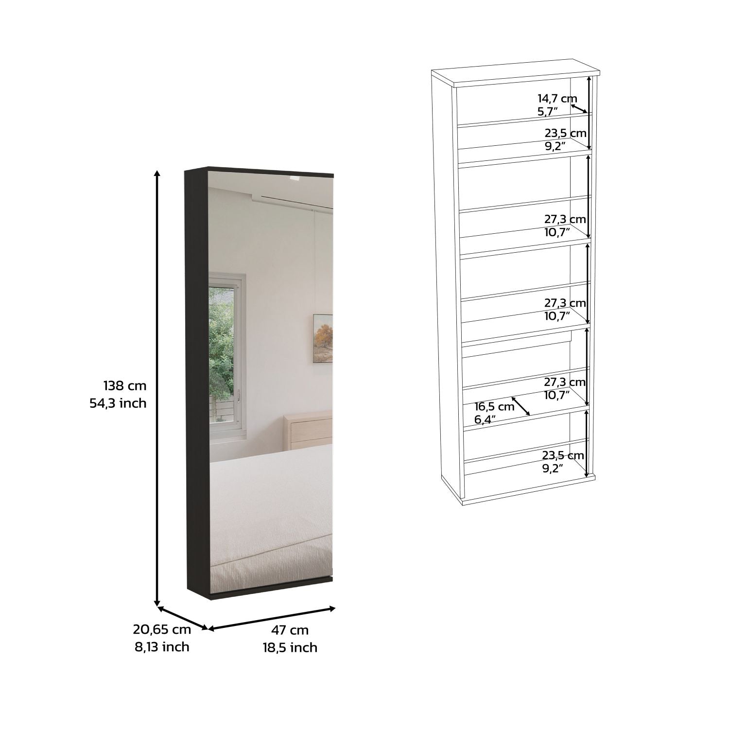 Wall Shoe Rack 54" H, One Mirror, One Door, Five Internal Storage Shelves, Approximate Capacity for Ten Shoes, Black