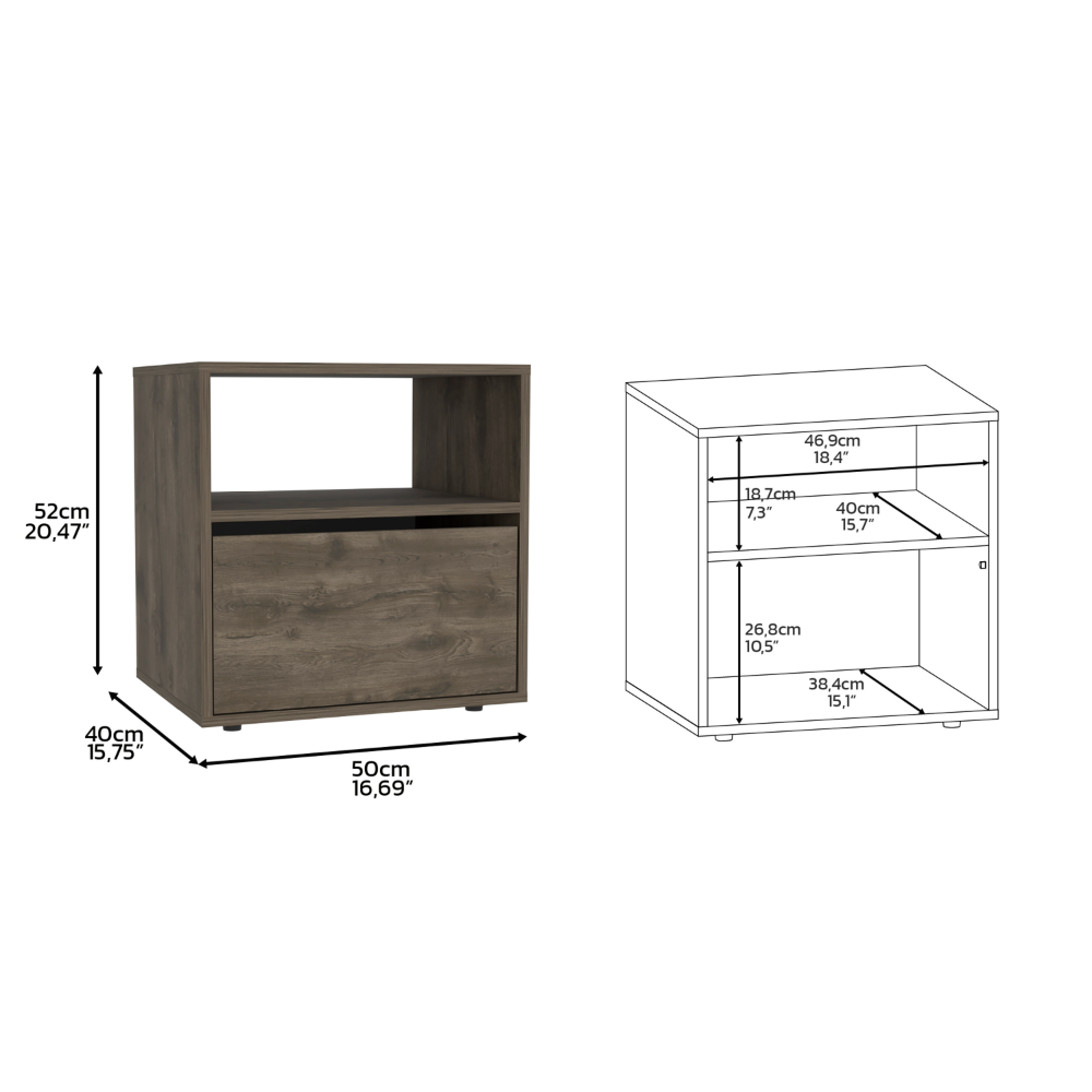 Nightstand 20"H, Superior Top, Open Shelf, One Cabinet, Dark Brown