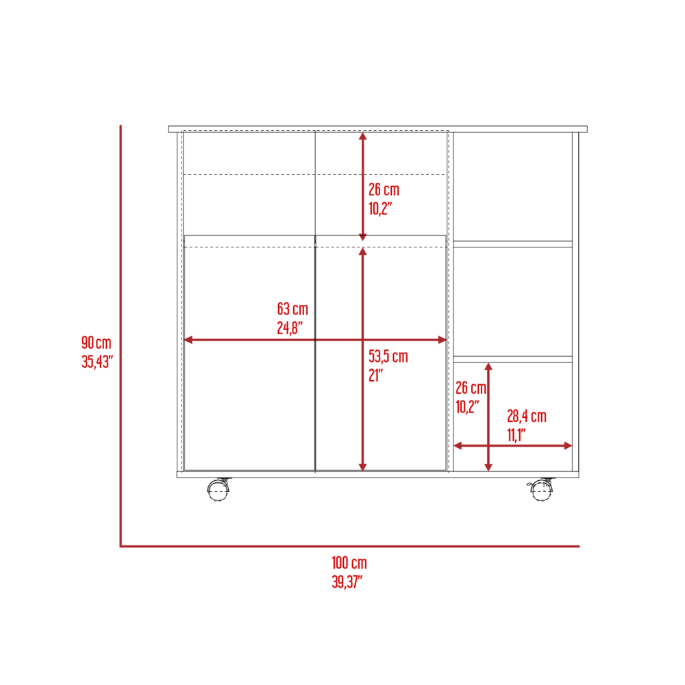 Kitchen Cart 35" H, Four Open Shelves, Double Door Cabinet, Four Casters - Light Oak/White