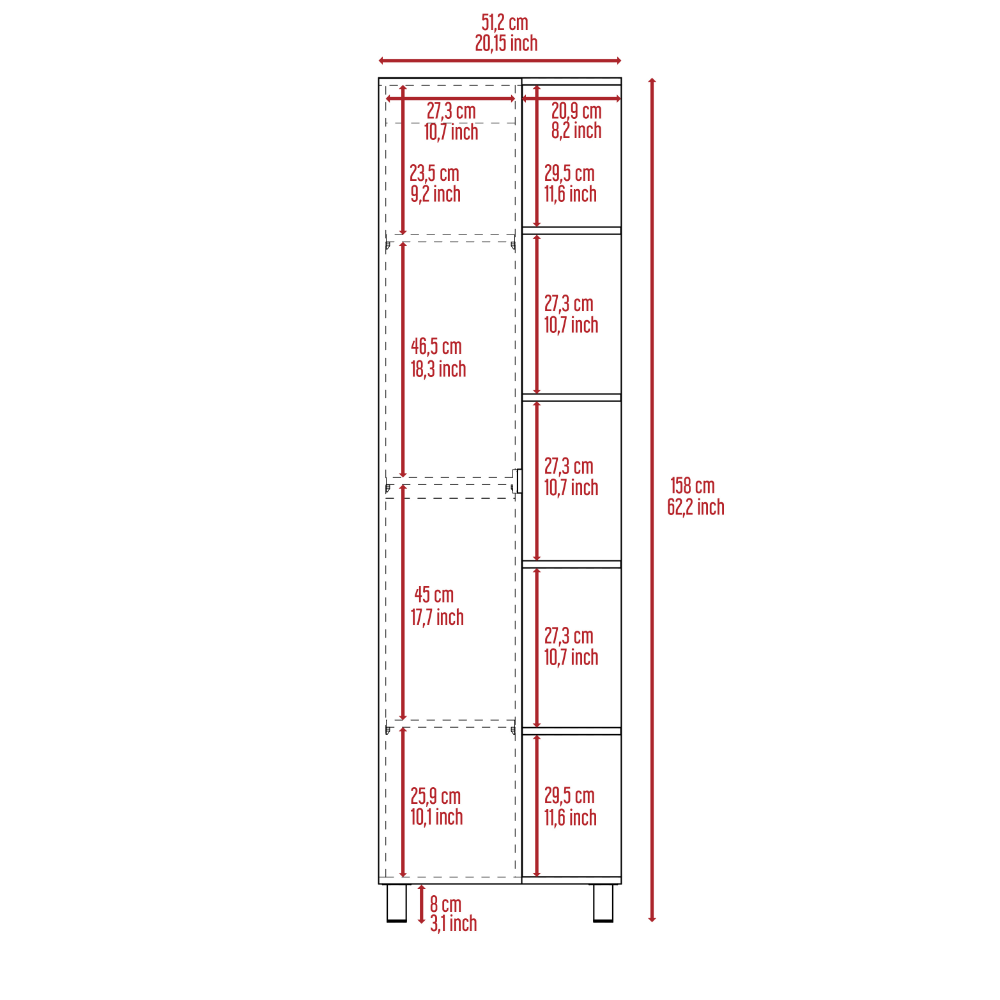 DEPOT E-SHOP Venus Mirror Linen Single Door Cabinet, Five External Shelves, Four Interior Shelves, White