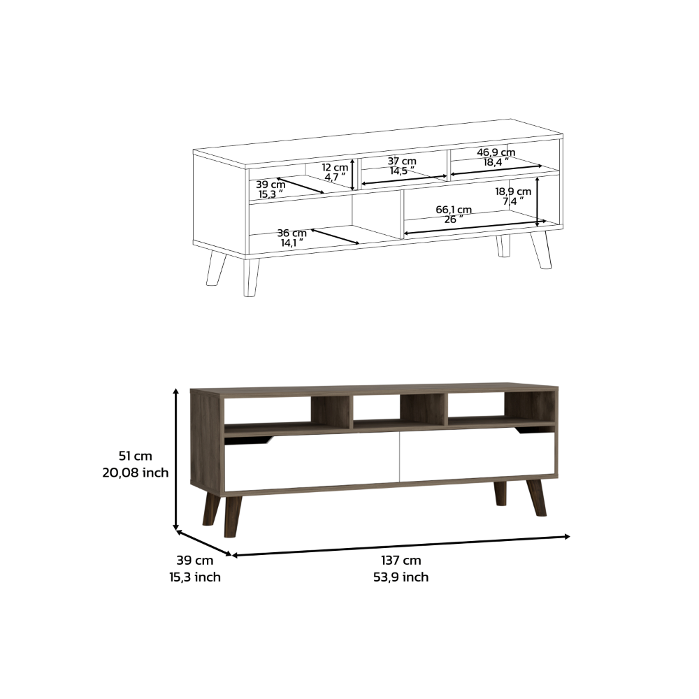 Kobe Tv Stand for TV´s up 52", Three Open Shelves, Two Flexible Drawers, Dark Walnut / White