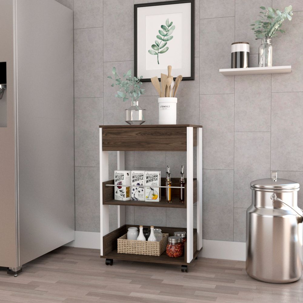 Modern Kitchen Cart 35" H, Four Casters, Three Shelves, White / Dark Walnut