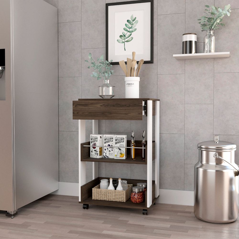 Modern Kitchen Cart 35" H, Four Casters, Three Shelves, White / Dark Walnut