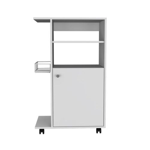 Modern Kitchen Cart 39" H, Single Door Cabinet, Four Wheels, One Side Shelf, White