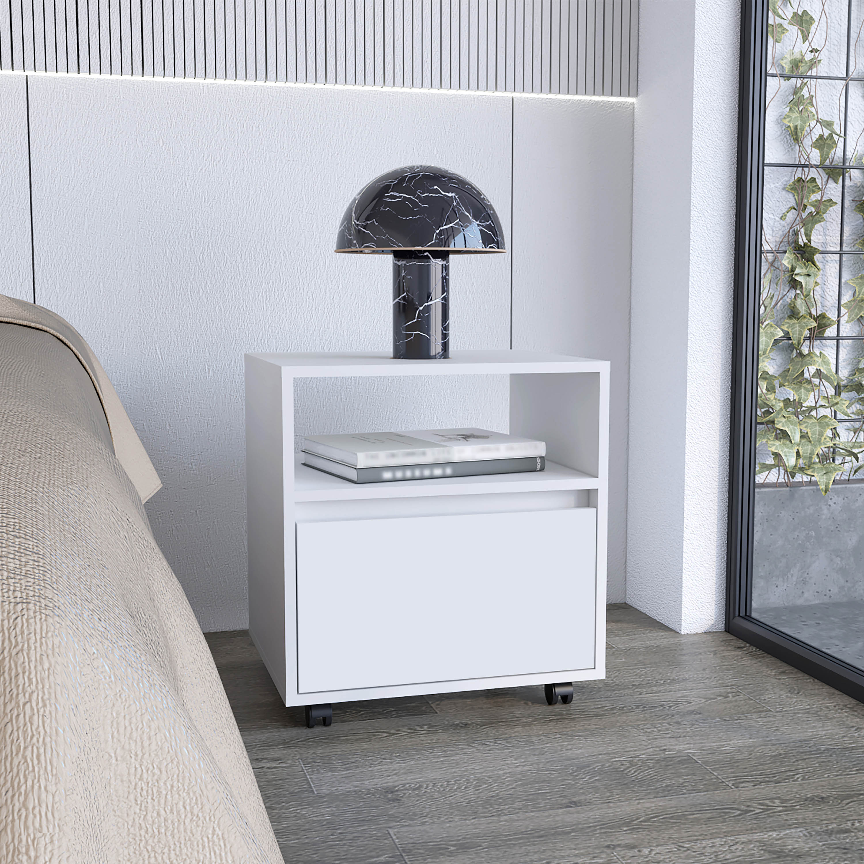 Nightstand 20"H, with One Open Shelf, 1 Drawer and Casters, White