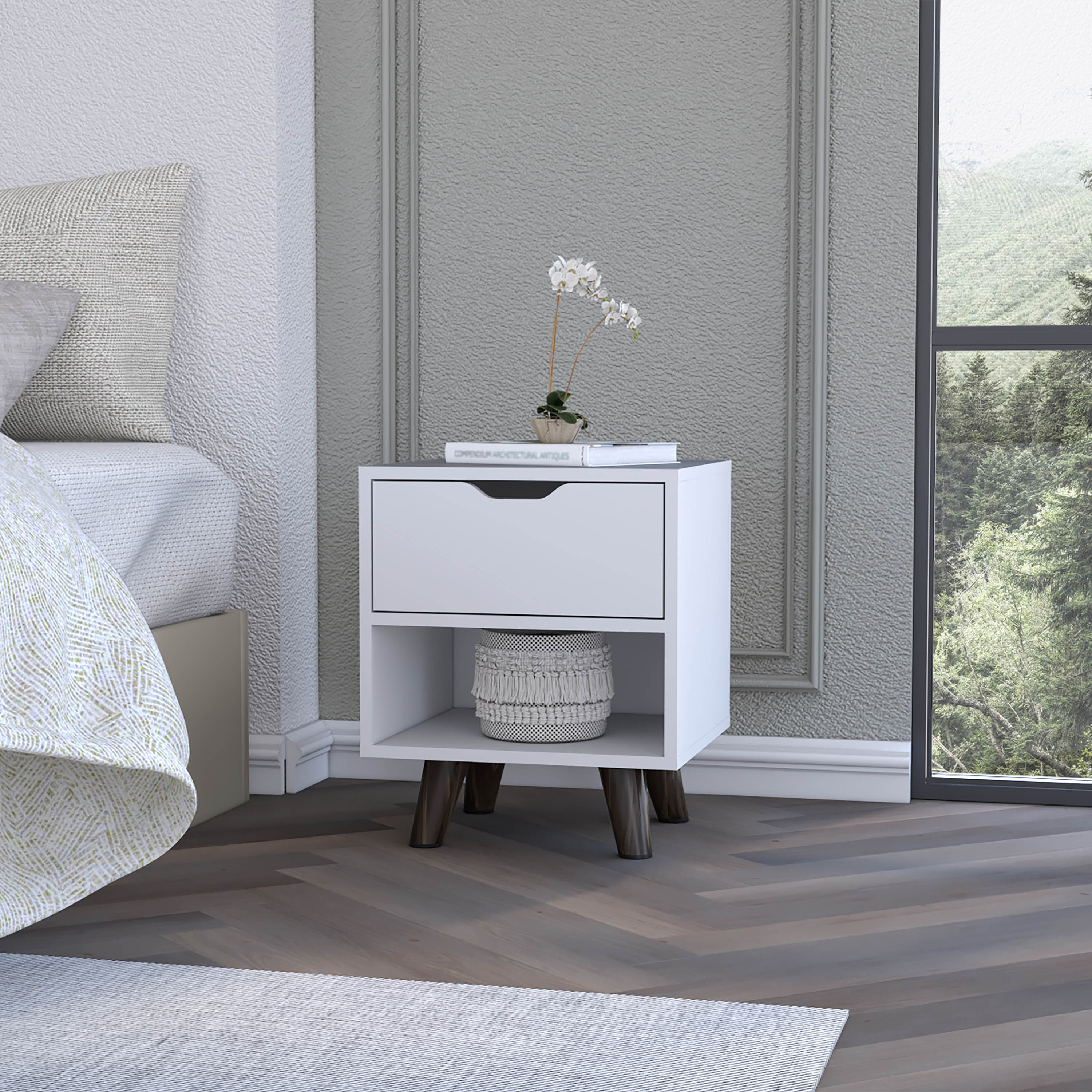 Modern Nightstand 19"H with Spacious Drawer, Open Storage Shelf and Chic Wooden Legs, White