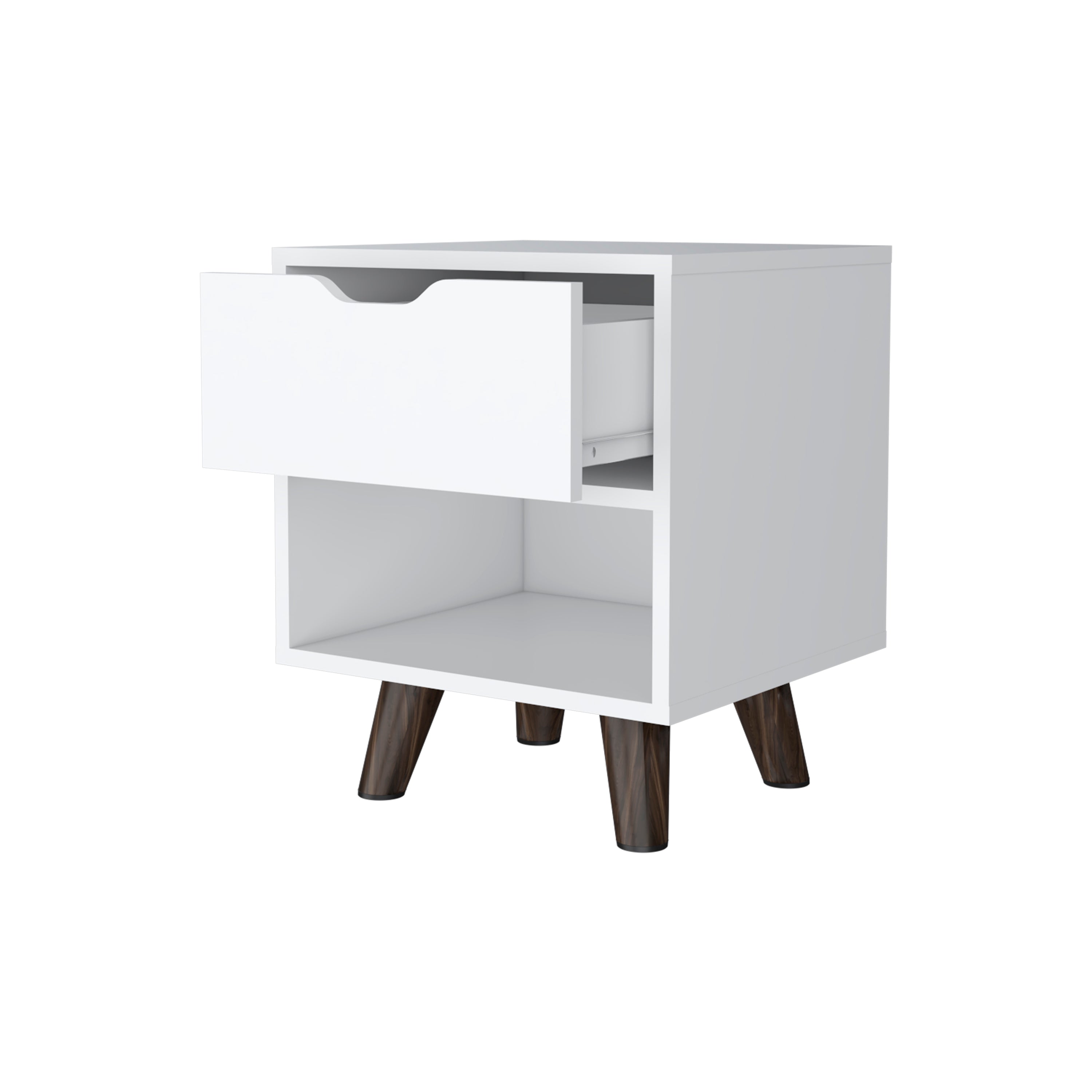 Modern Nightstand 19"H with Spacious Drawer, Open Storage Shelf and Chic Wooden Legs, White