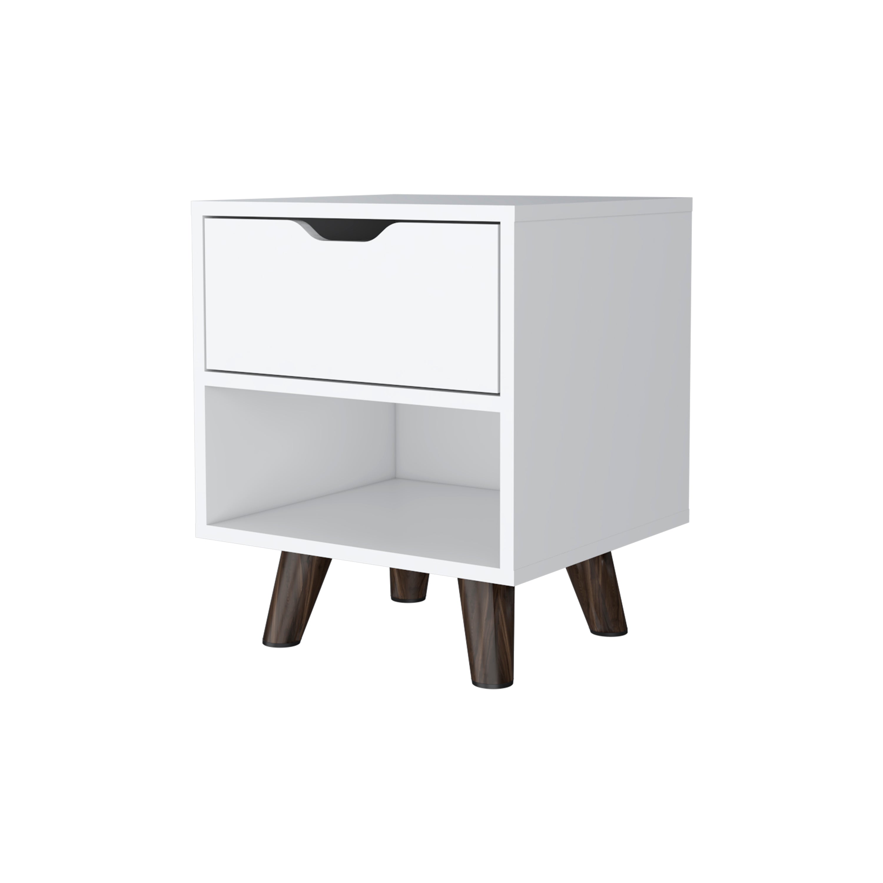 Modern Nightstand 19"H with Spacious Drawer, Open Storage Shelf and Chic Wooden Legs, White