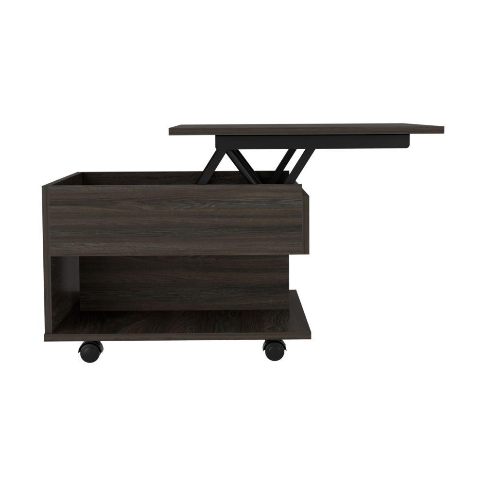 15" H carbon espresso coffee table, 4 brake wheels, lifting top that allows storage inside the table, 1 lower shelf and 1 vertical division that allows you to decorate with photos, and design books.