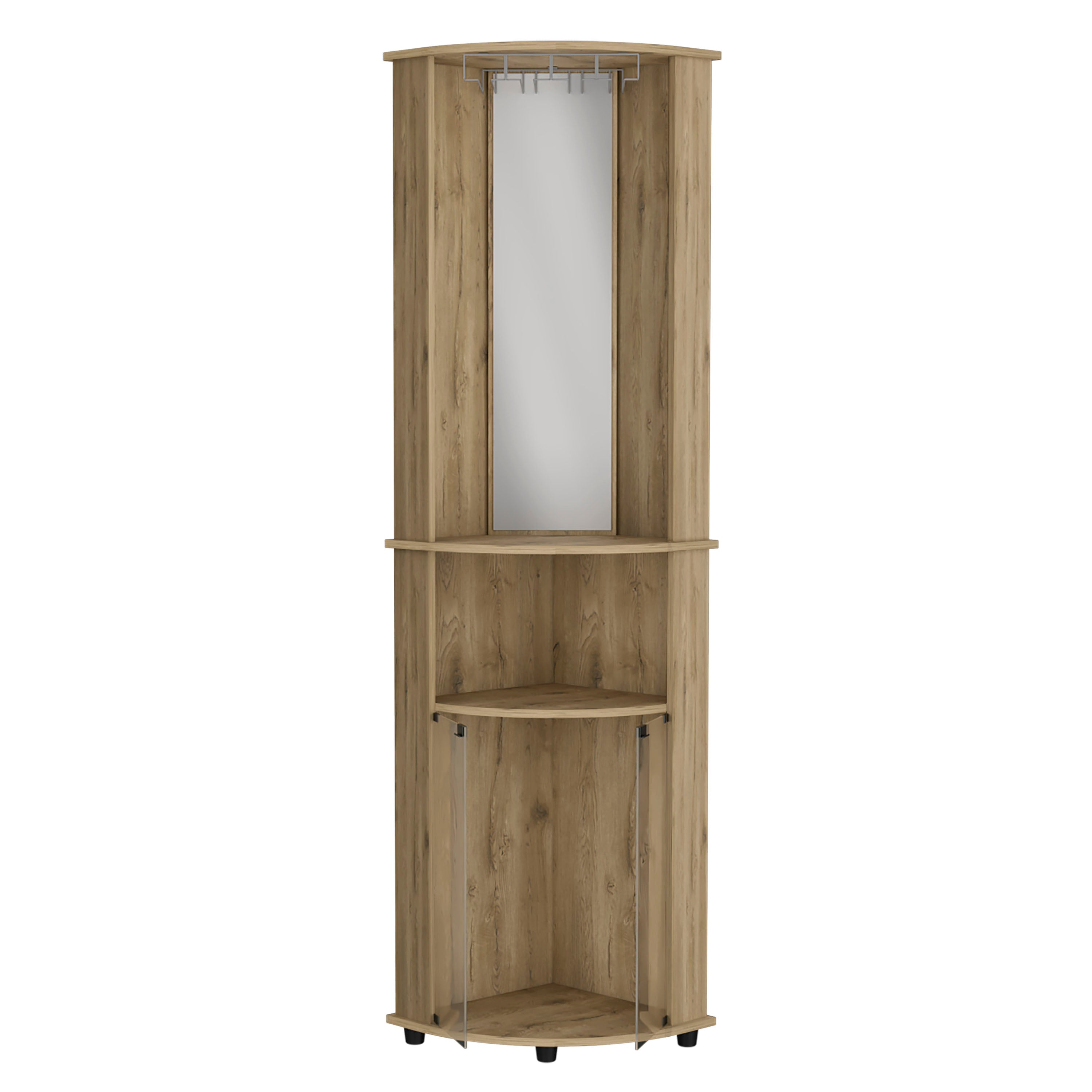 74" H macadamia  bar-coffee corner cabinet storage, with rounded front design, with 2 central shelves, 1 glass holder in the upper compartment and 1 storage with double glass door in the lower part.