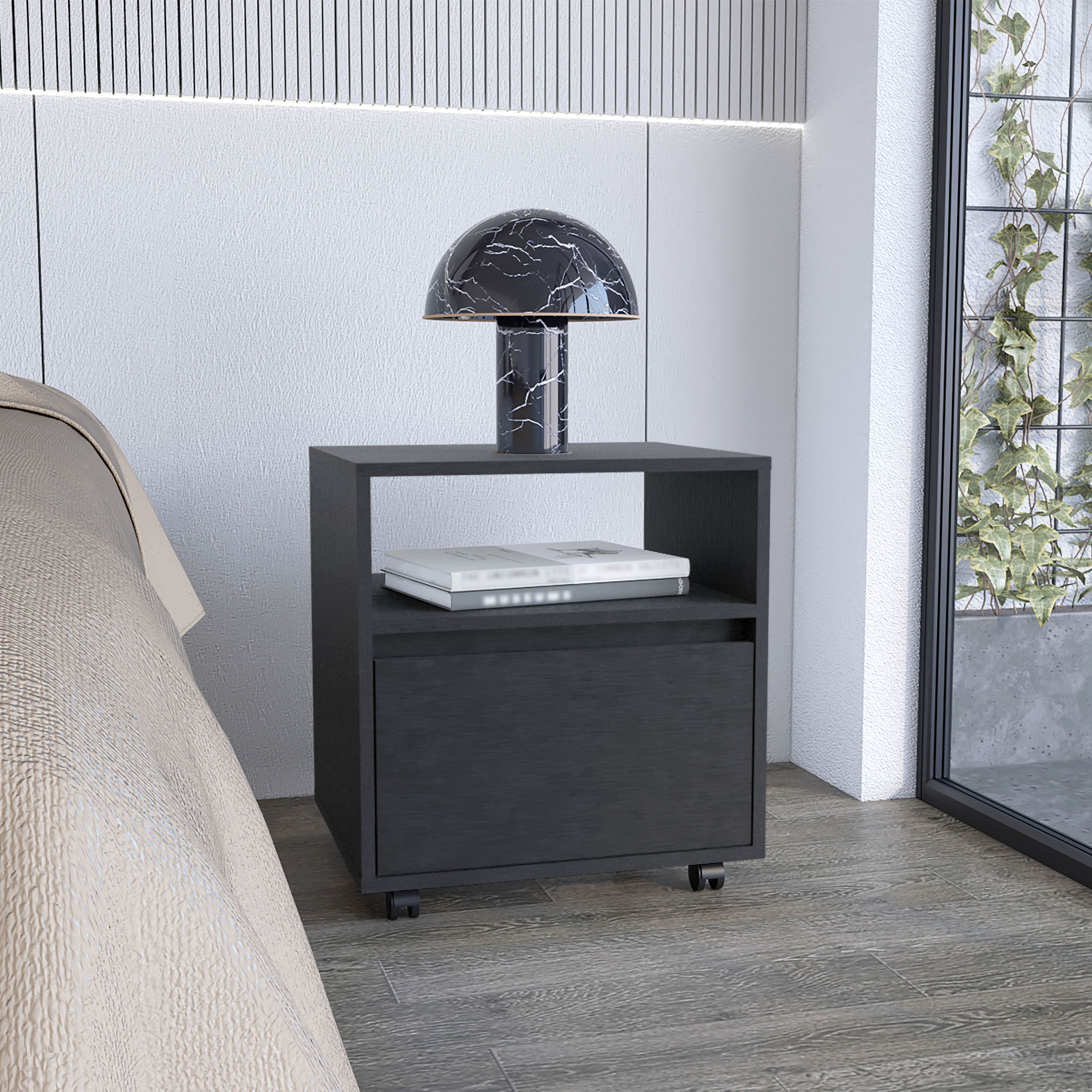 Nightstand 20"H, with One Open Shelf, 1 Drawer and Casters, Black