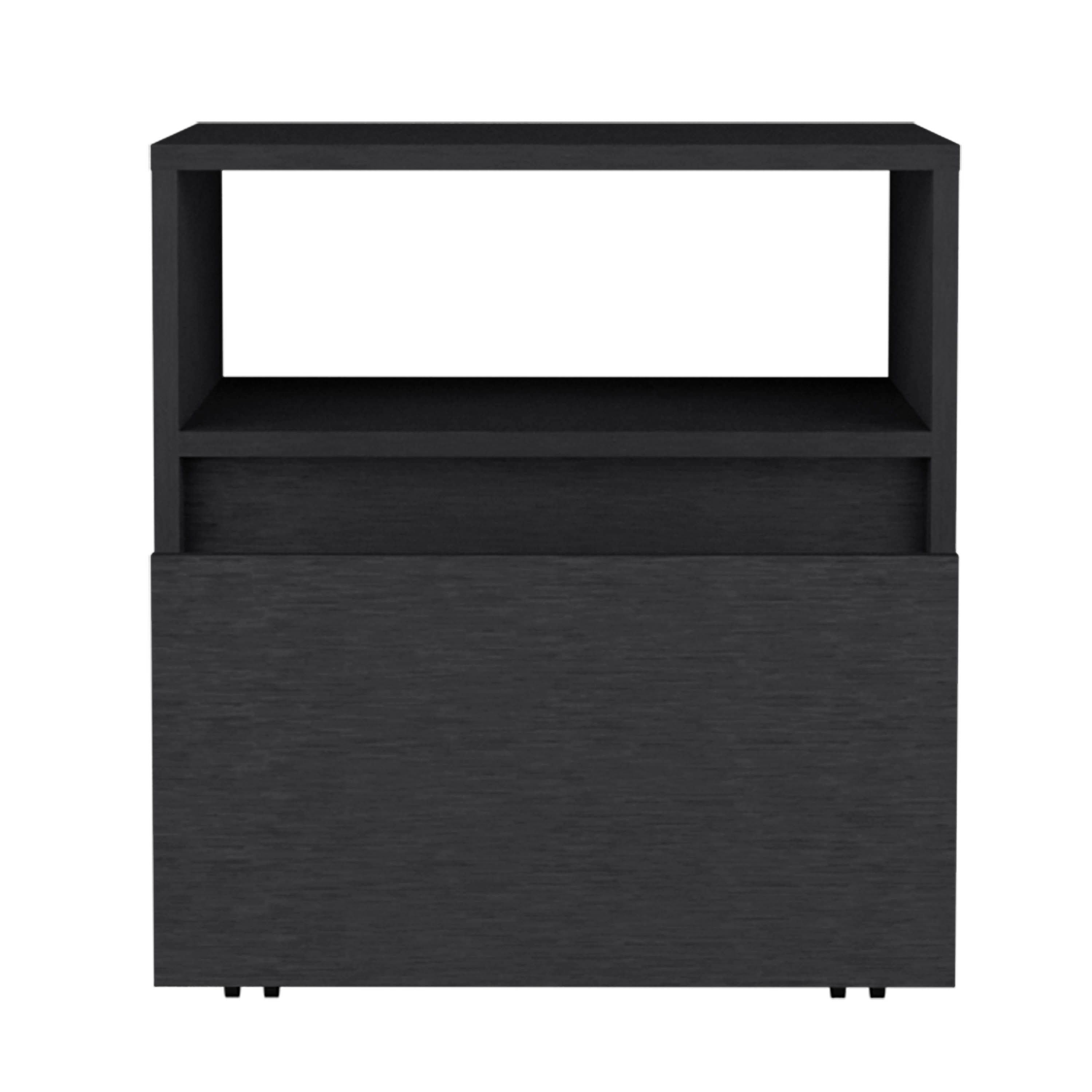 Nightstand 20"H, with One Open Shelf, 1 Drawer and Casters, Black