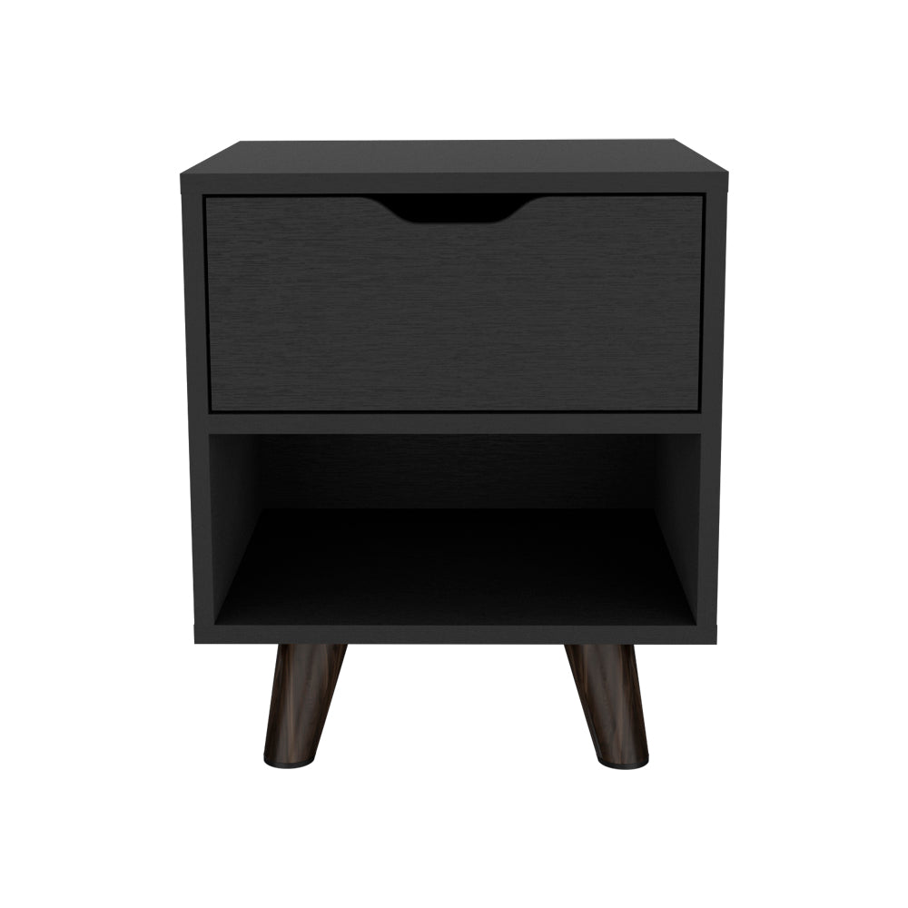 Modern Nightstand 19"H with Spacious Drawer, Open Storage Shelf and Chic Wooden Legs, Black