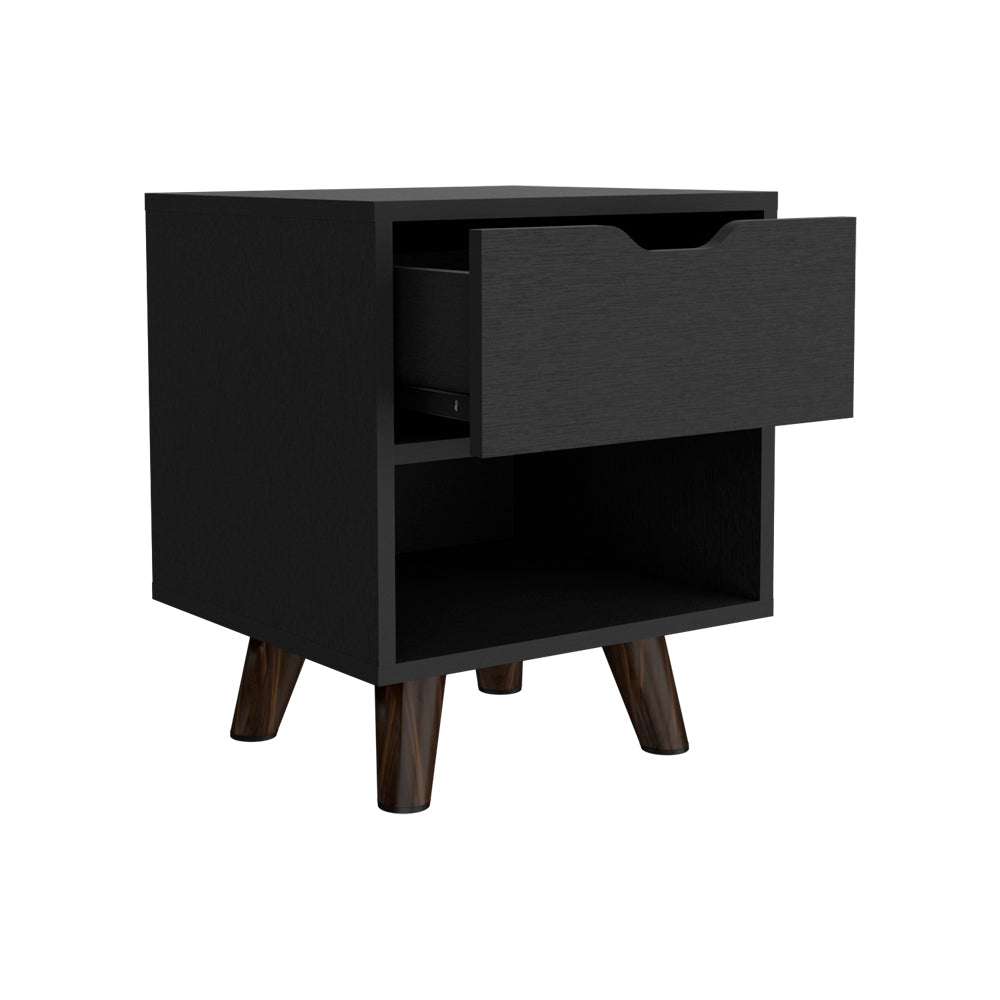 Modern Nightstand 19"H with Spacious Drawer, Open Storage Shelf and Chic Wooden Legs, Black