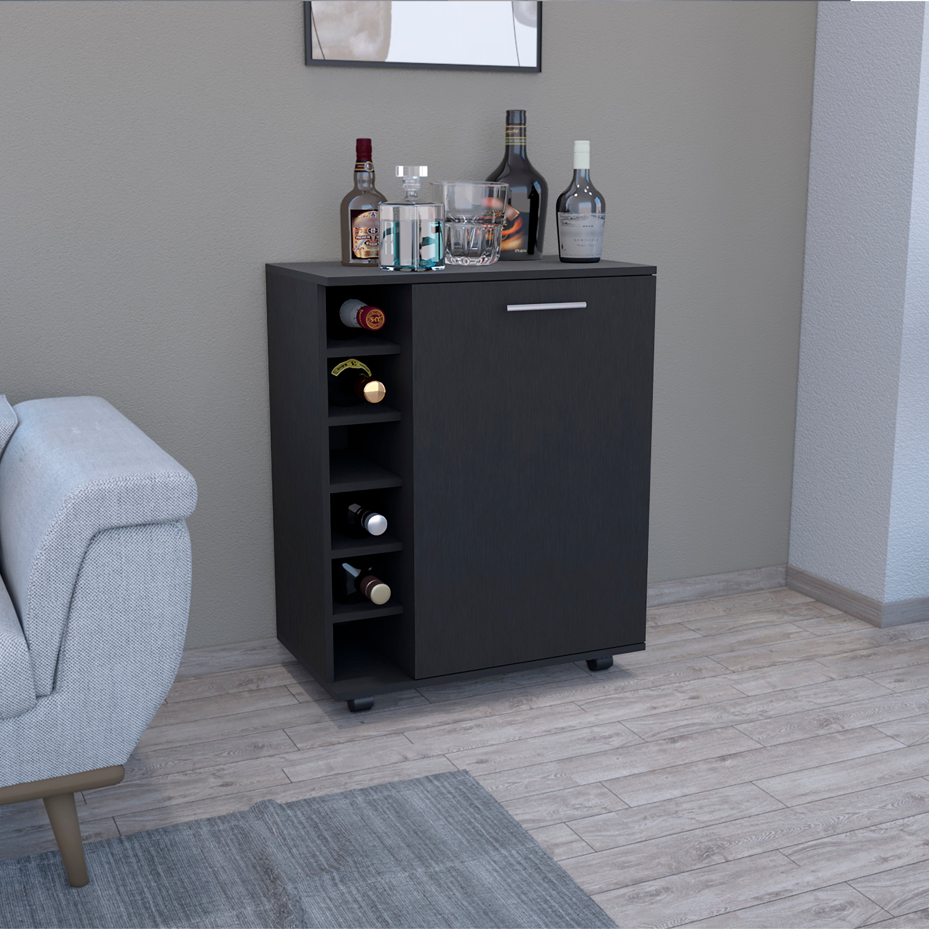 32" H Black bar -coffee cart, Kitchen or living room cabinet storage with  4 wheels, with 6 bottle racks, a central shelf covered by 1 door, ideal for storing glasses and snacks