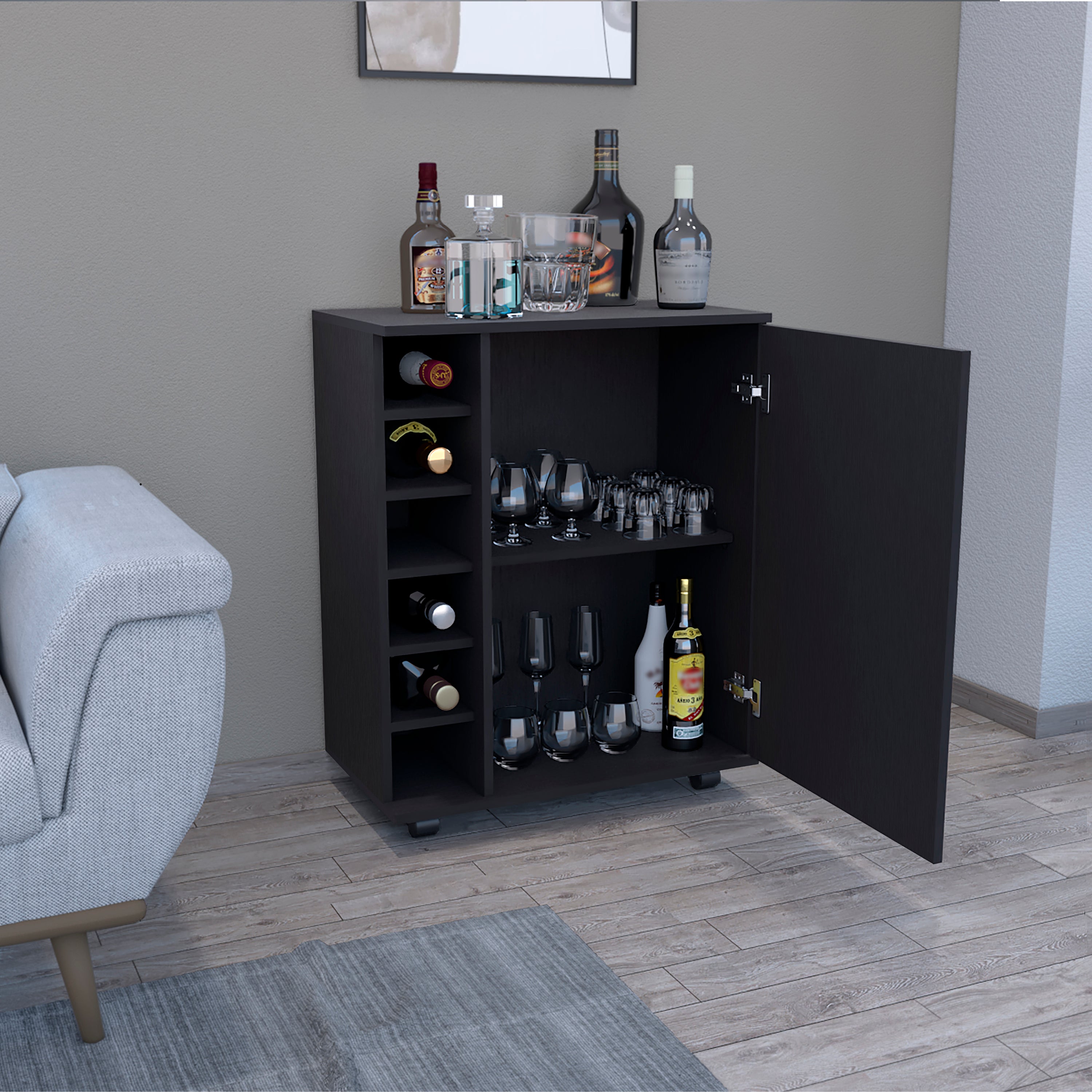 32" H Black bar -coffee cart, Kitchen or living room cabinet storage with  4 wheels, with 6 bottle racks, a central shelf covered by 1 door, ideal for storing glasses and snacks