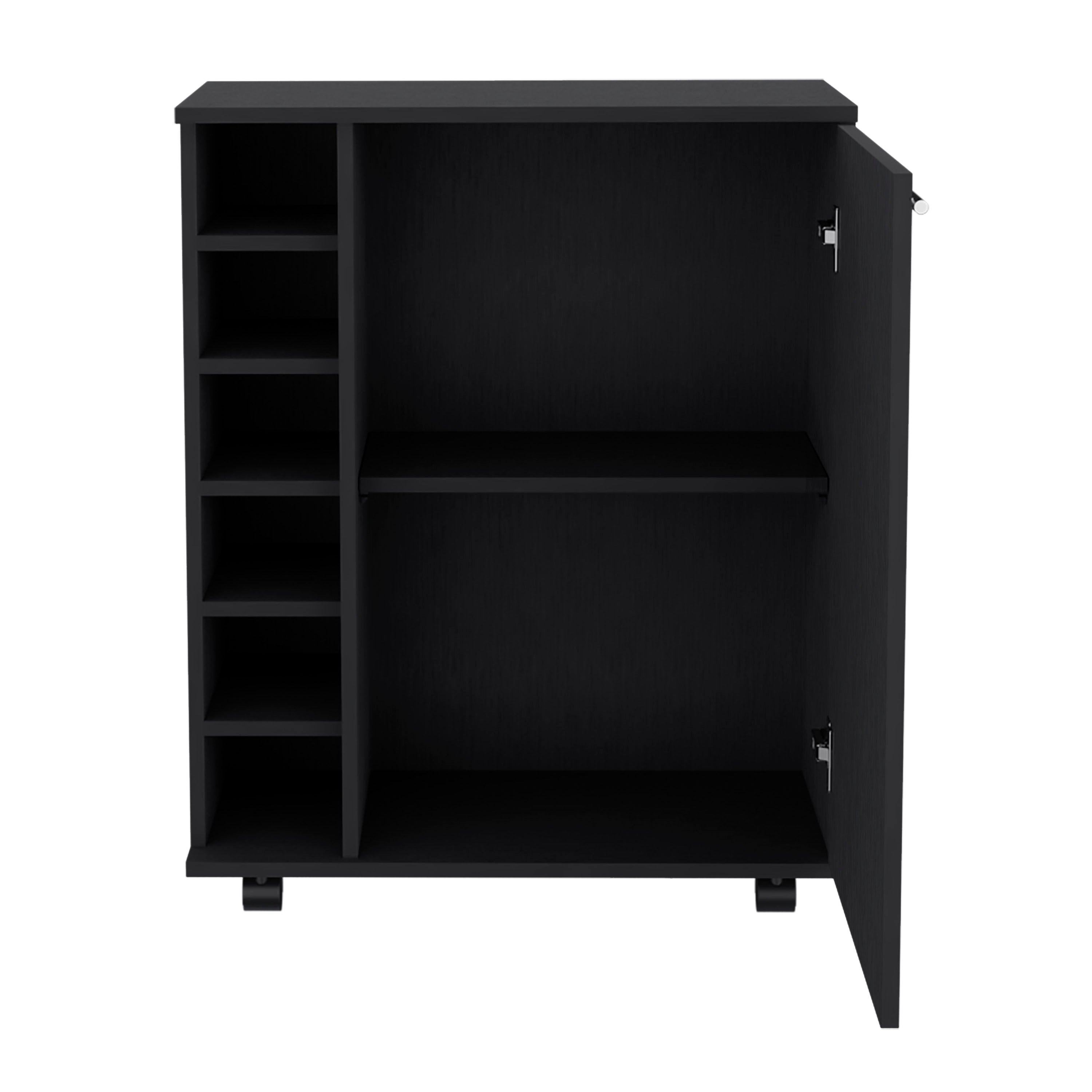 32" H Black bar -coffee cart, Kitchen or living room cabinet storage with  4 wheels, with 6 bottle racks, a central shelf covered by 1 door, ideal for storing glasses and snacks