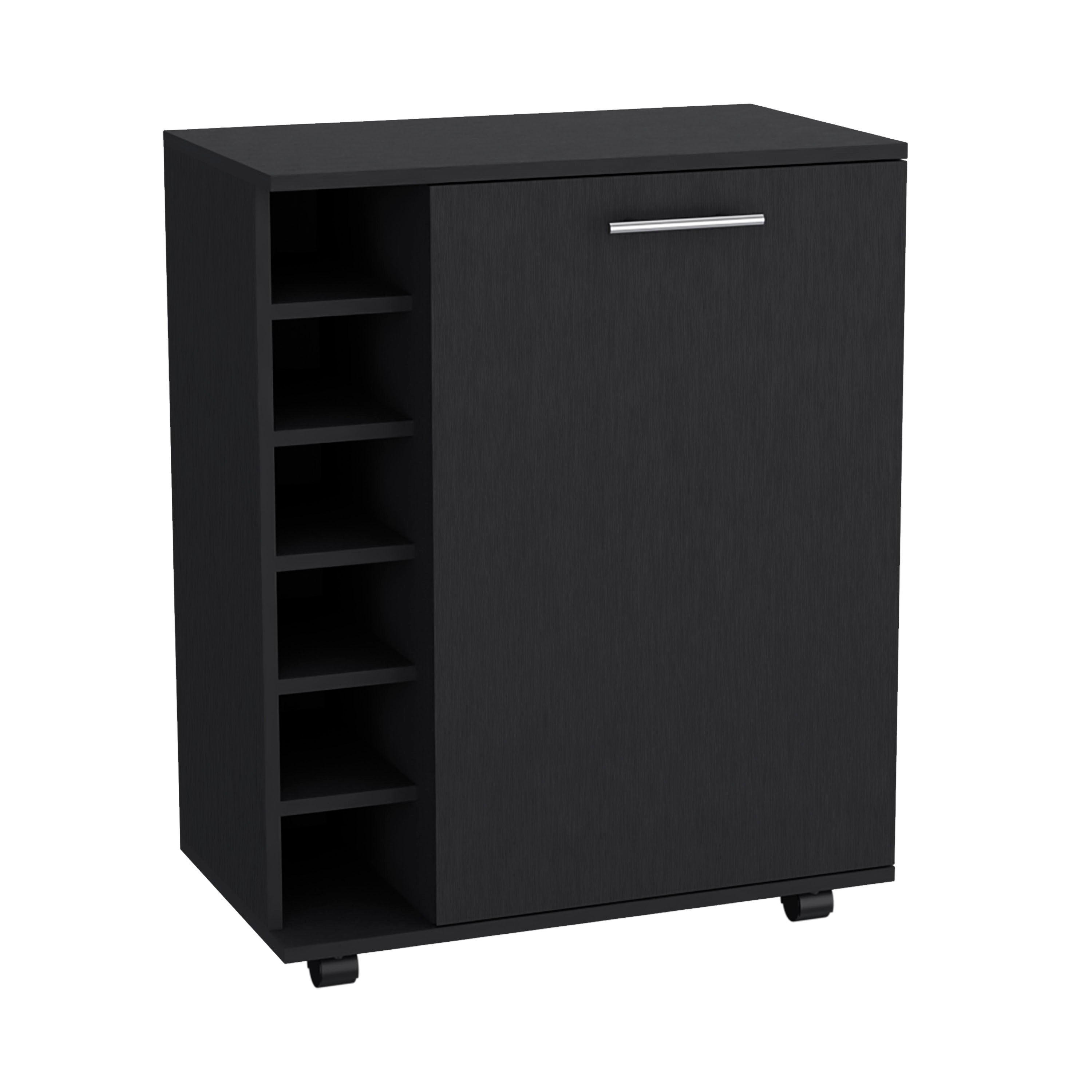 32" H Black bar -coffee cart, Kitchen or living room cabinet storage with  4 wheels, with 6 bottle racks, a central shelf covered by 1 door, ideal for storing glasses and snacks