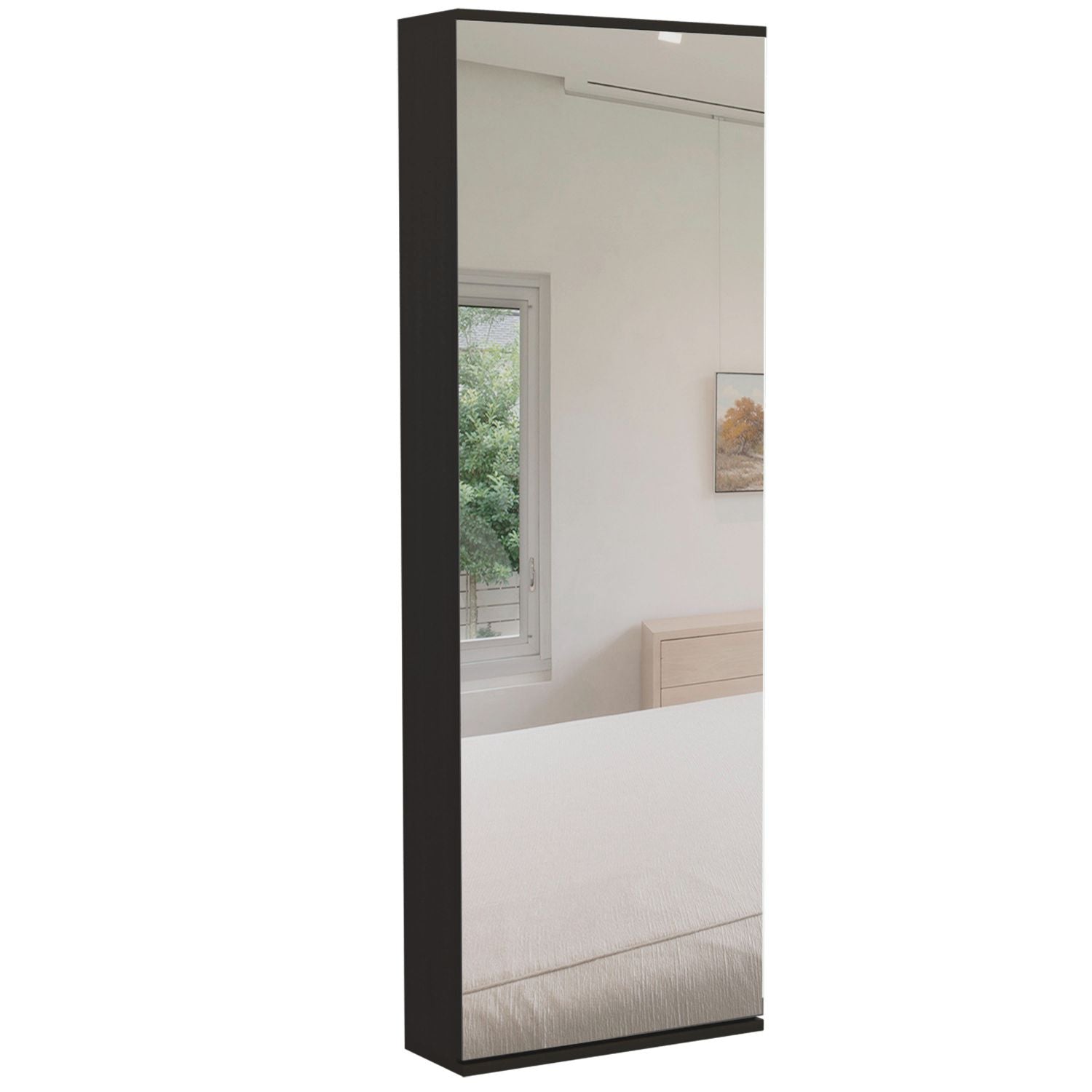 Wall Shoe Rack 54" H, One Mirror, One Door, Five Internal Storage Shelves, Approximate Capacity for Ten Shoes, Black