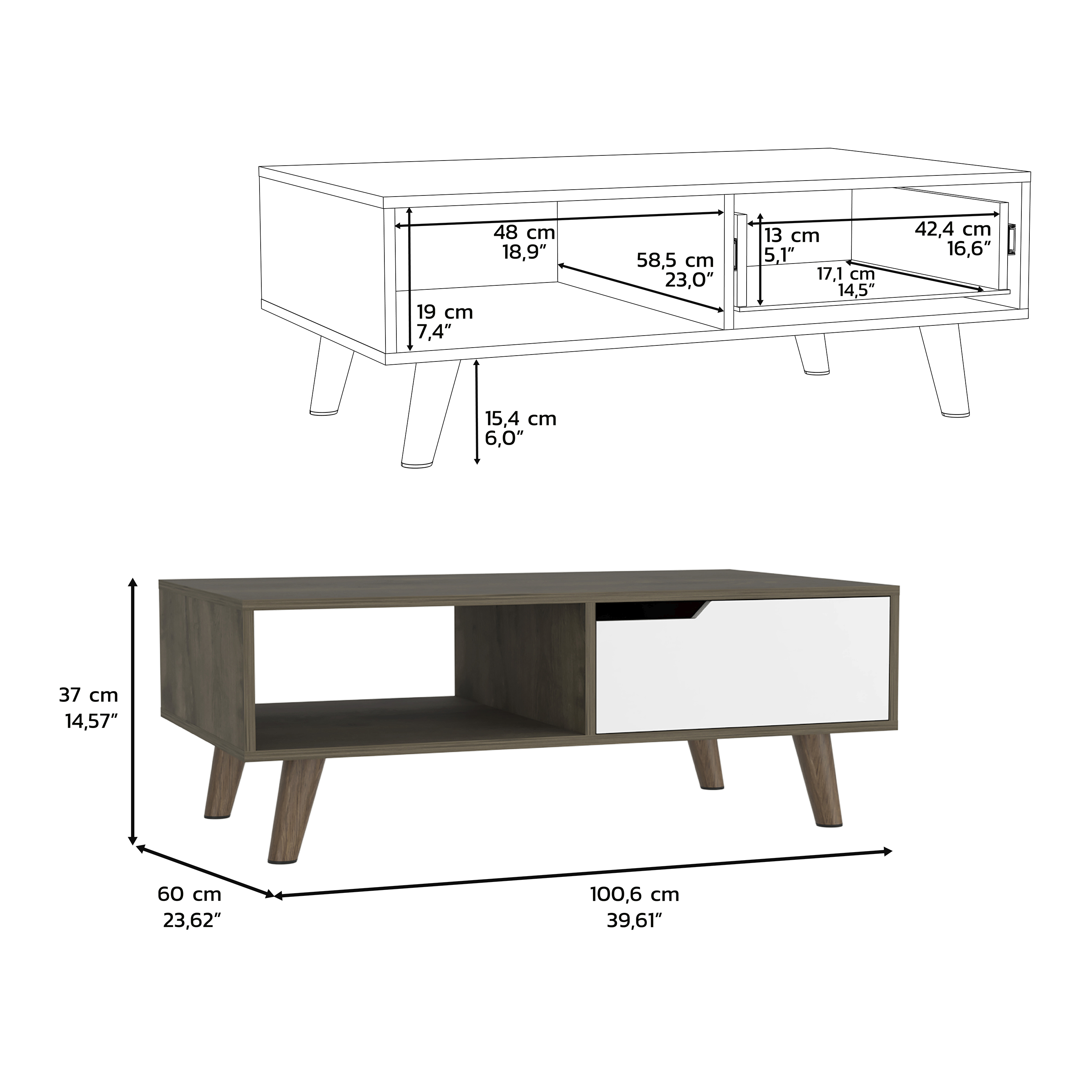 15" H rectangular dark brown / white coffee table, 4  metal legs, 1 vertical divider for designer books, and 1 drawer for storing small things.