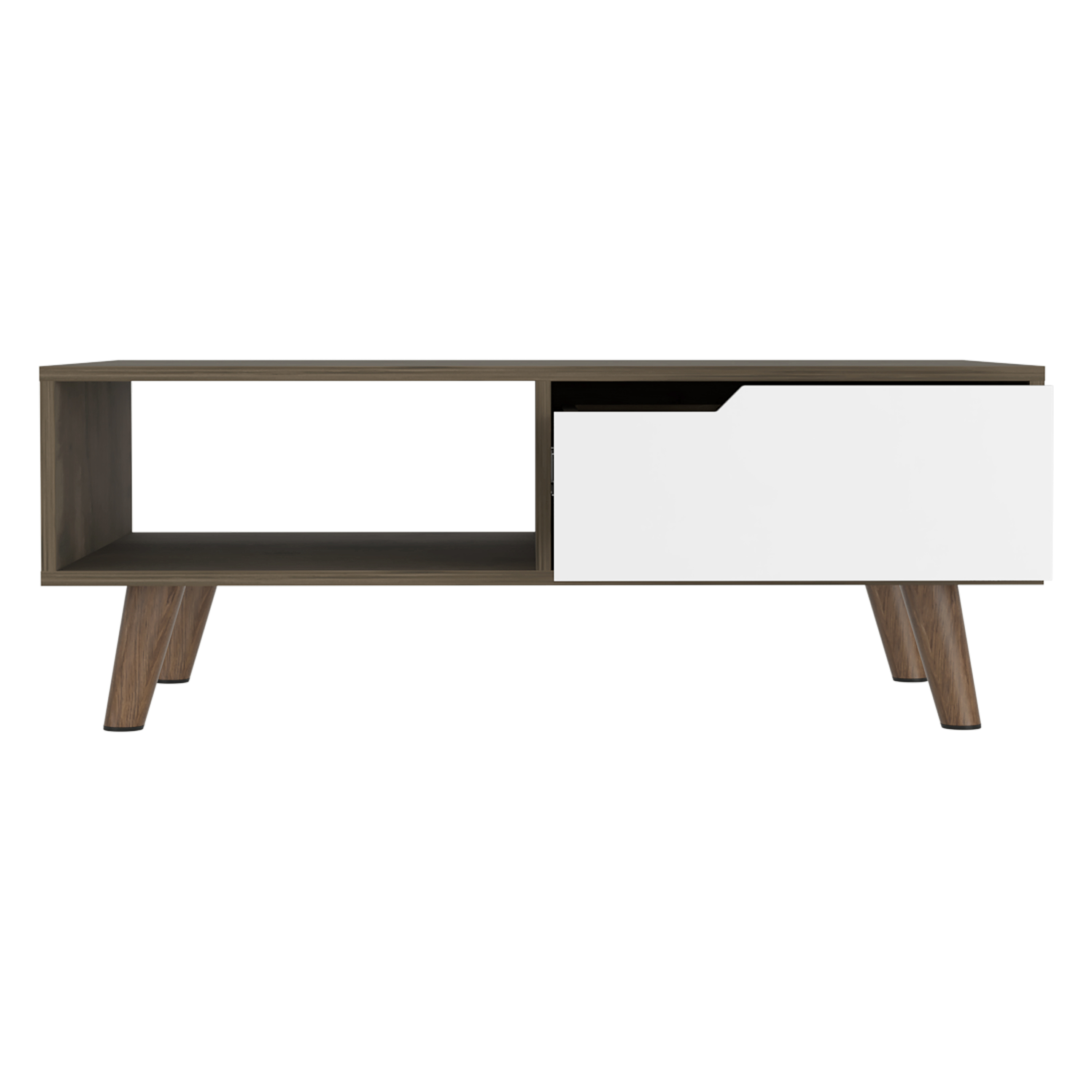 15" H rectangular dark brown / white coffee table, 4  metal legs, 1 vertical divider for designer books, and 1 drawer for storing small things.