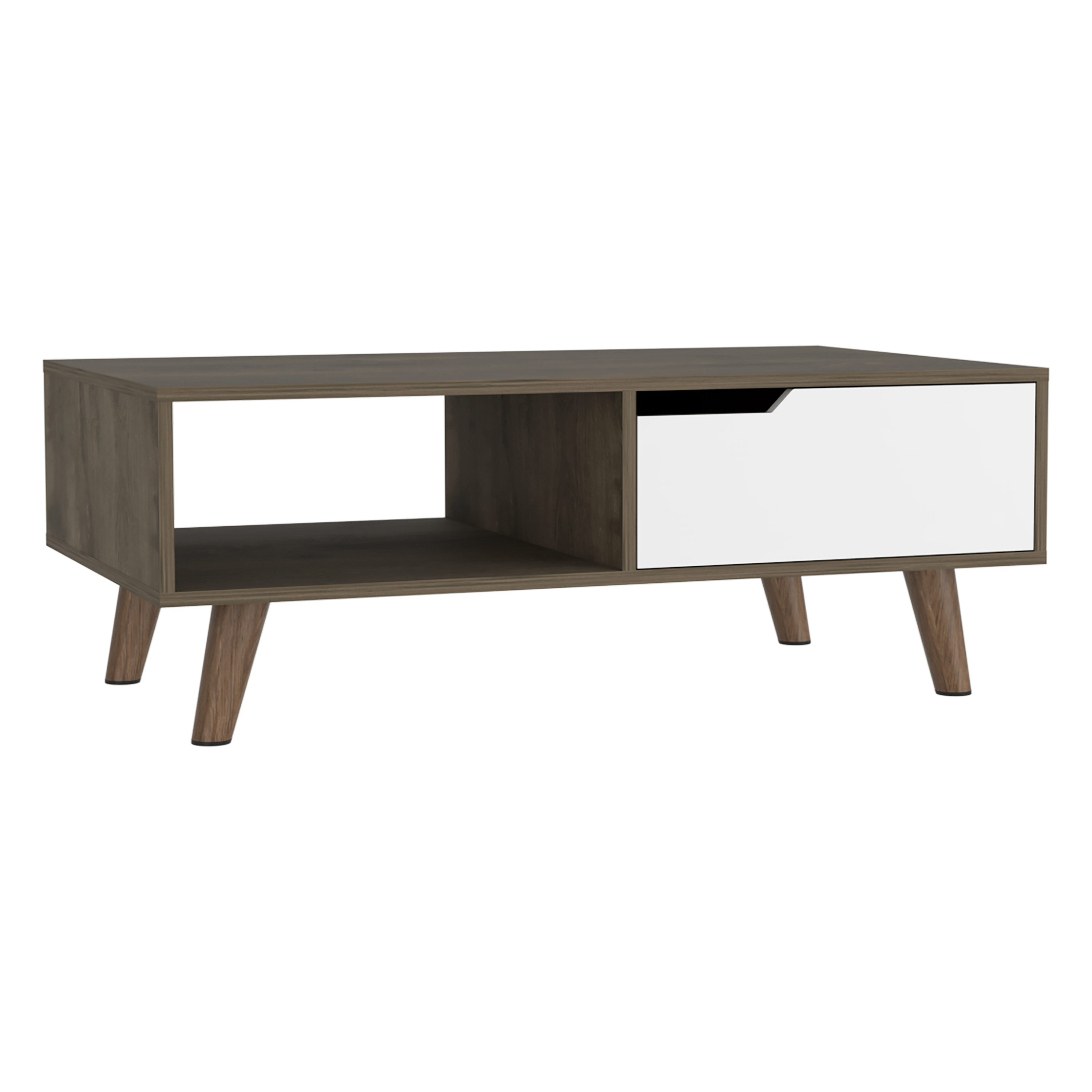 15" H rectangular dark brown / white coffee table, 4  metal legs, 1 vertical divider for designer books, and 1 drawer for storing small things.