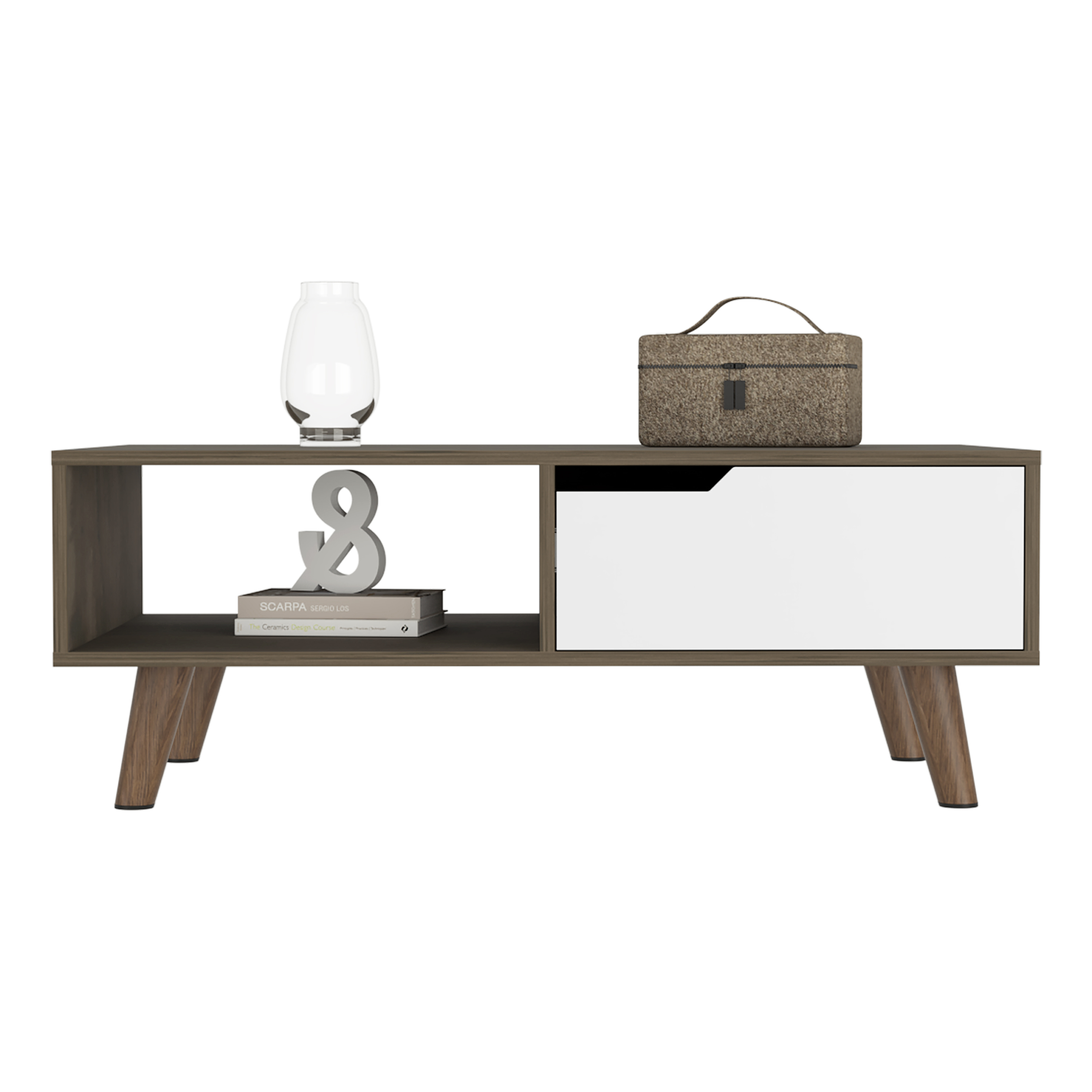 15" H rectangular dark brown / white coffee table, 4  metal legs, 1 vertical divider for designer books, and 1 drawer for storing small things.