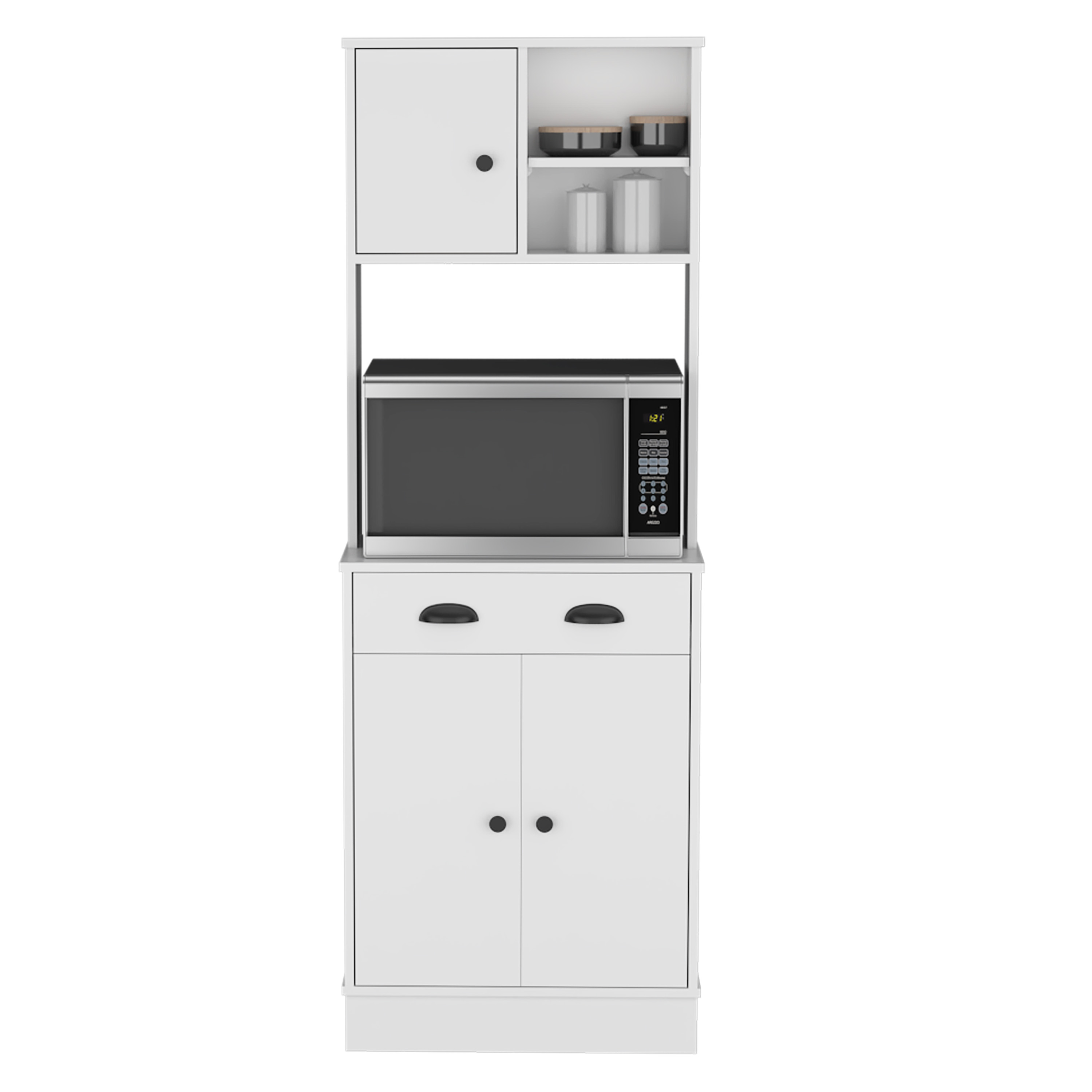 Kitchen Pantry 67" H, Two Cabinets, Three Doors, Two Open Shelves, One Drawer, Microwave Storage Option, White