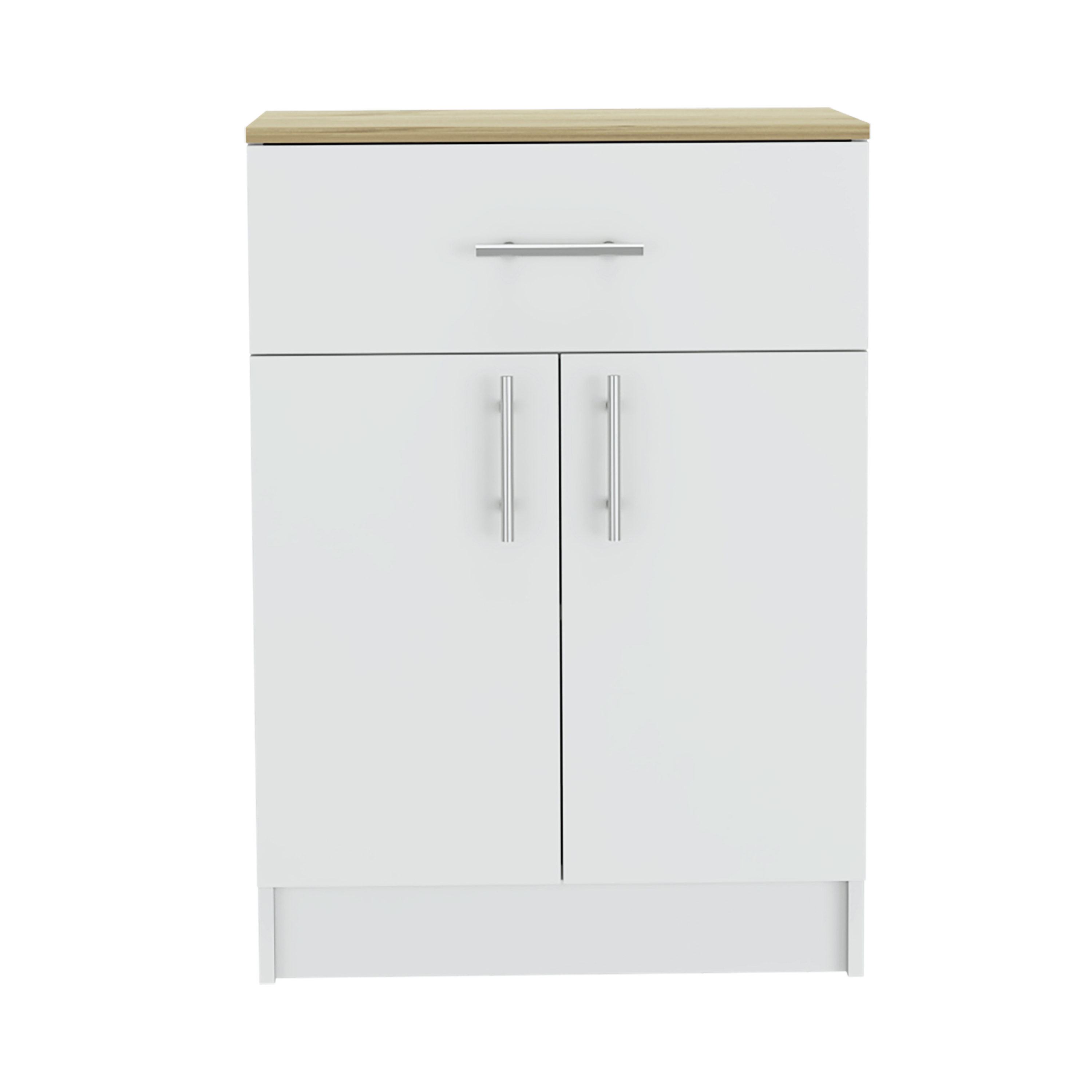 Pantry Organizer Cabinet 33" H, One Drawer, Two Interior Shelves, Two Doors, White/Light Oak