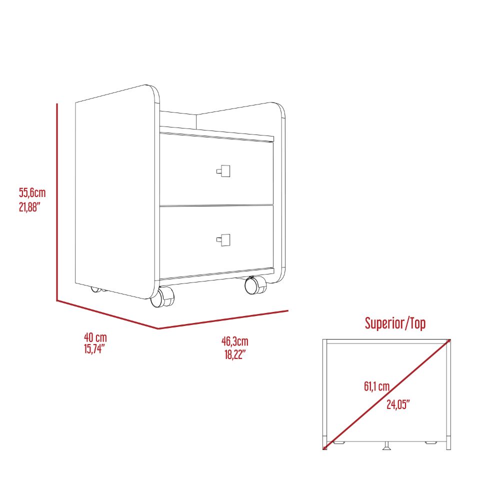 Nightstand 22"H, Two Drawers, Superior Top, Metal Handle, four wheels, Light Gray