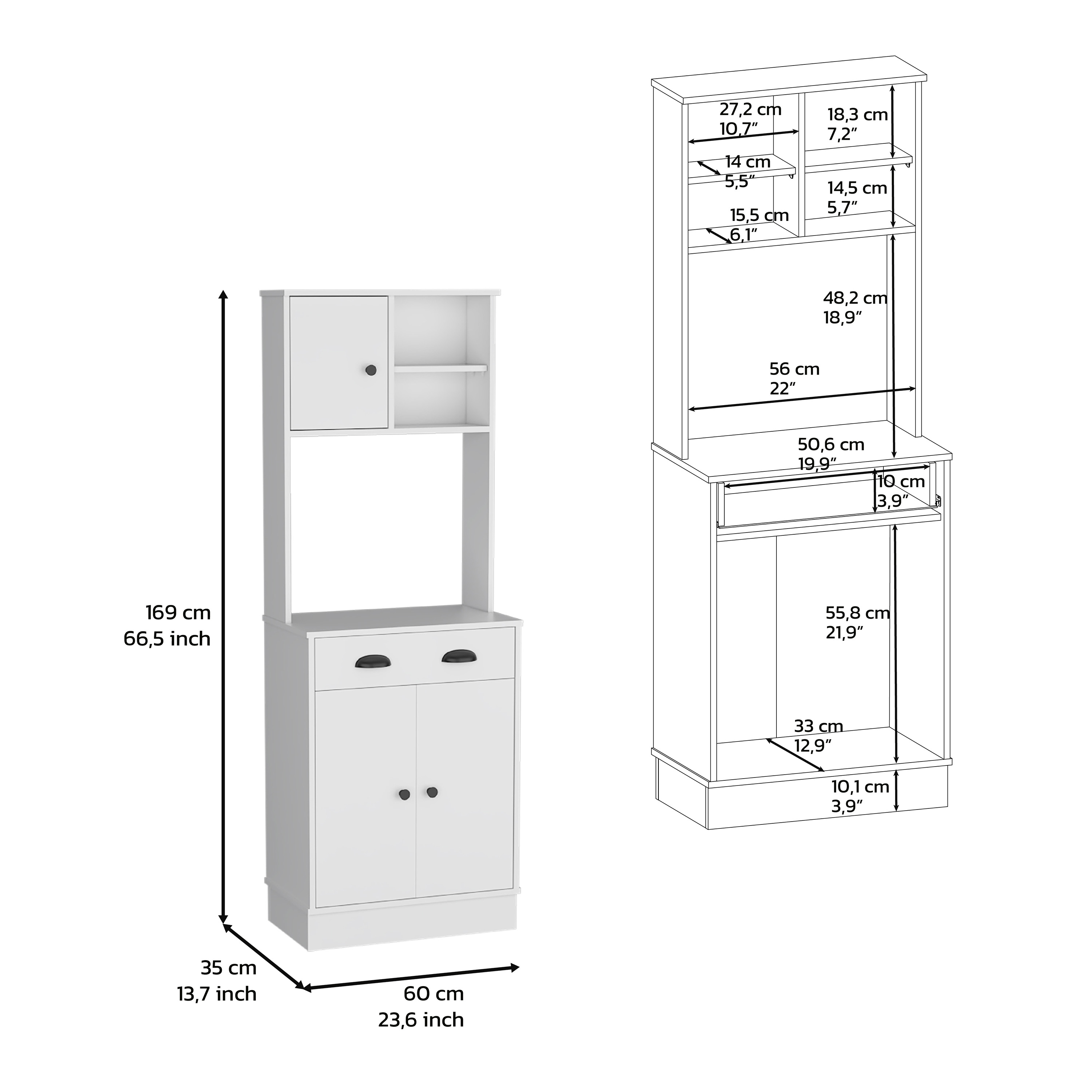 Kitchen Pantry 67" H, Two Cabinets, Three Doors, Two Open Shelves, One Drawer, Microwave Storage Option, White