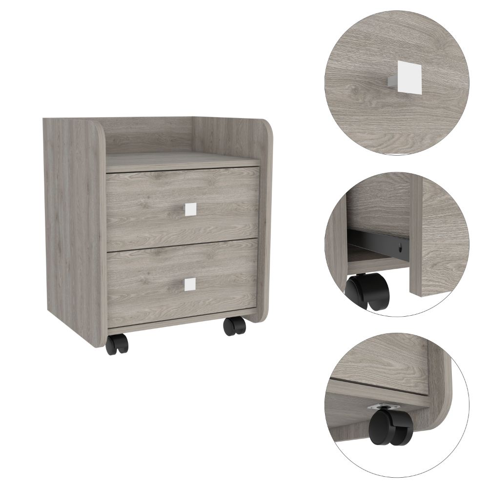 Nightstand 22"H, Two Drawers, Superior Top, Metal Handle, four wheels, Light Gray