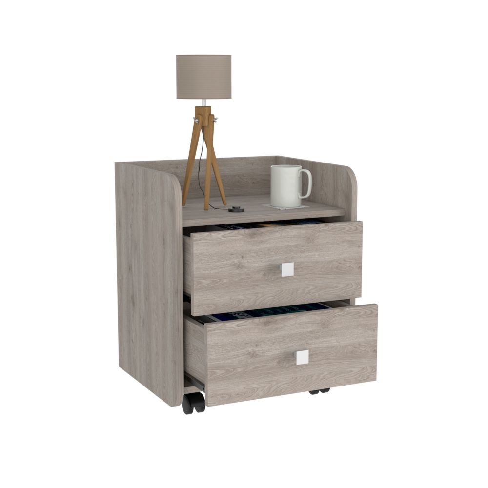 Nightstand 22"H, Two Drawers, Superior Top, Metal Handle, four wheels, Light Gray