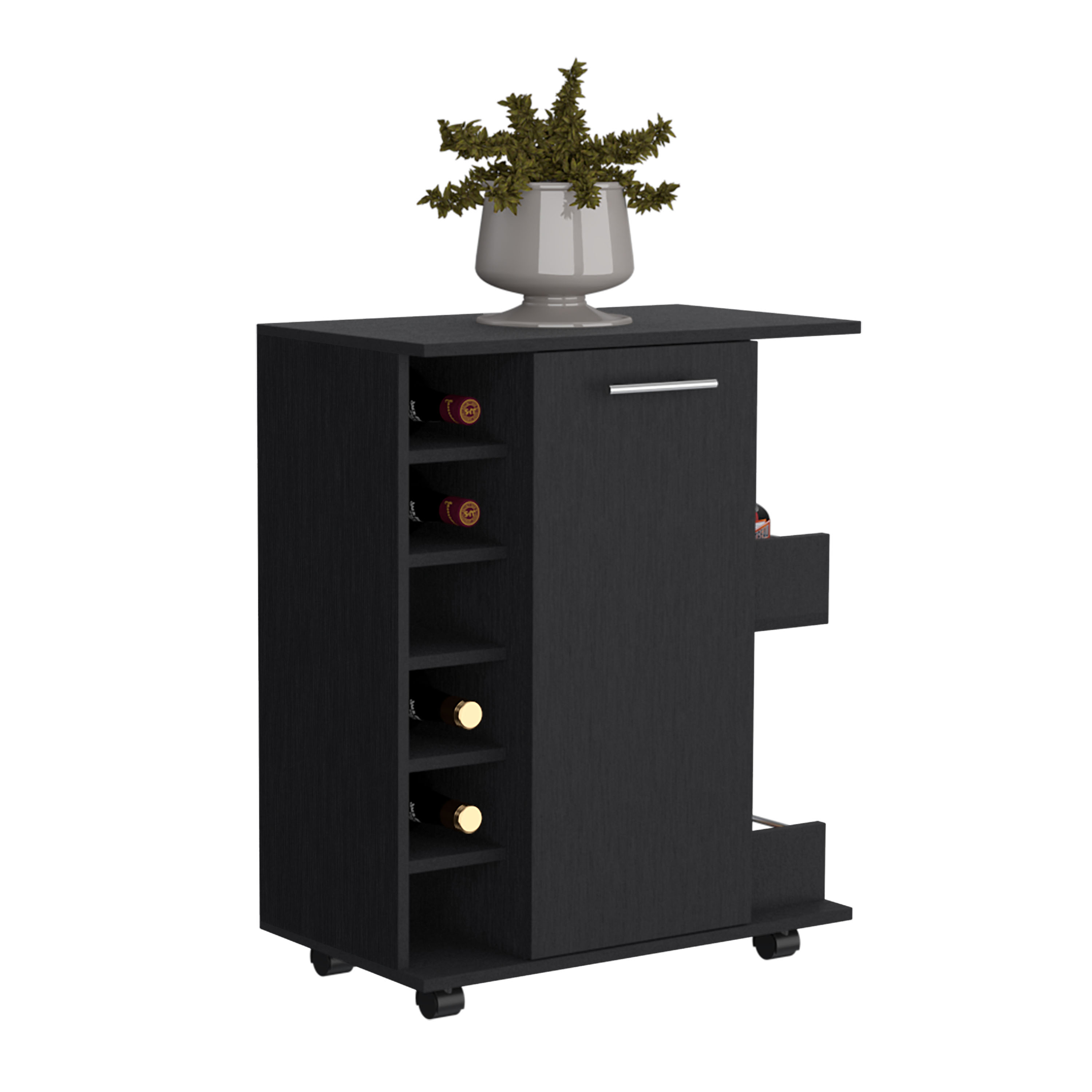 Black 4-wheel bar cart cabinet for kitchen or living room, with 6 side built-in bottle racks, 1 interior shelve, 2 side shelves, 2 space with wood door to store glasses, cups, coffee or snacks