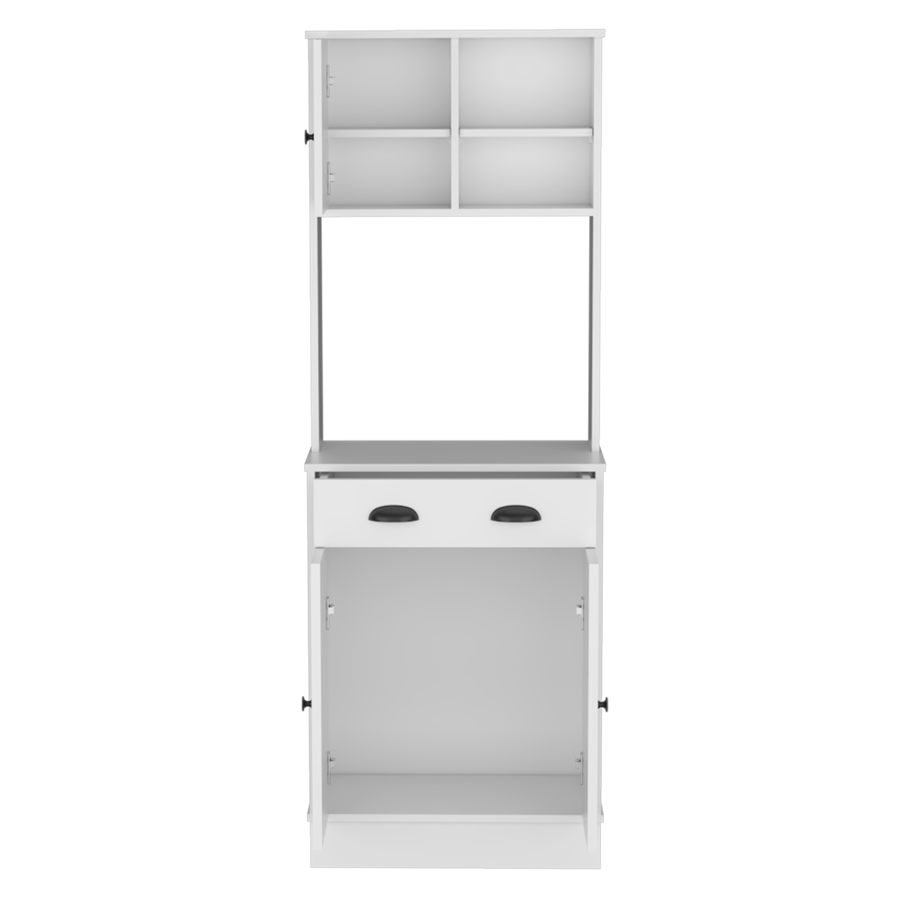 Kitchen Pantry 67" H, Two Cabinets, Three Doors, Two Open Shelves, One Drawer, Microwave Storage Option, White