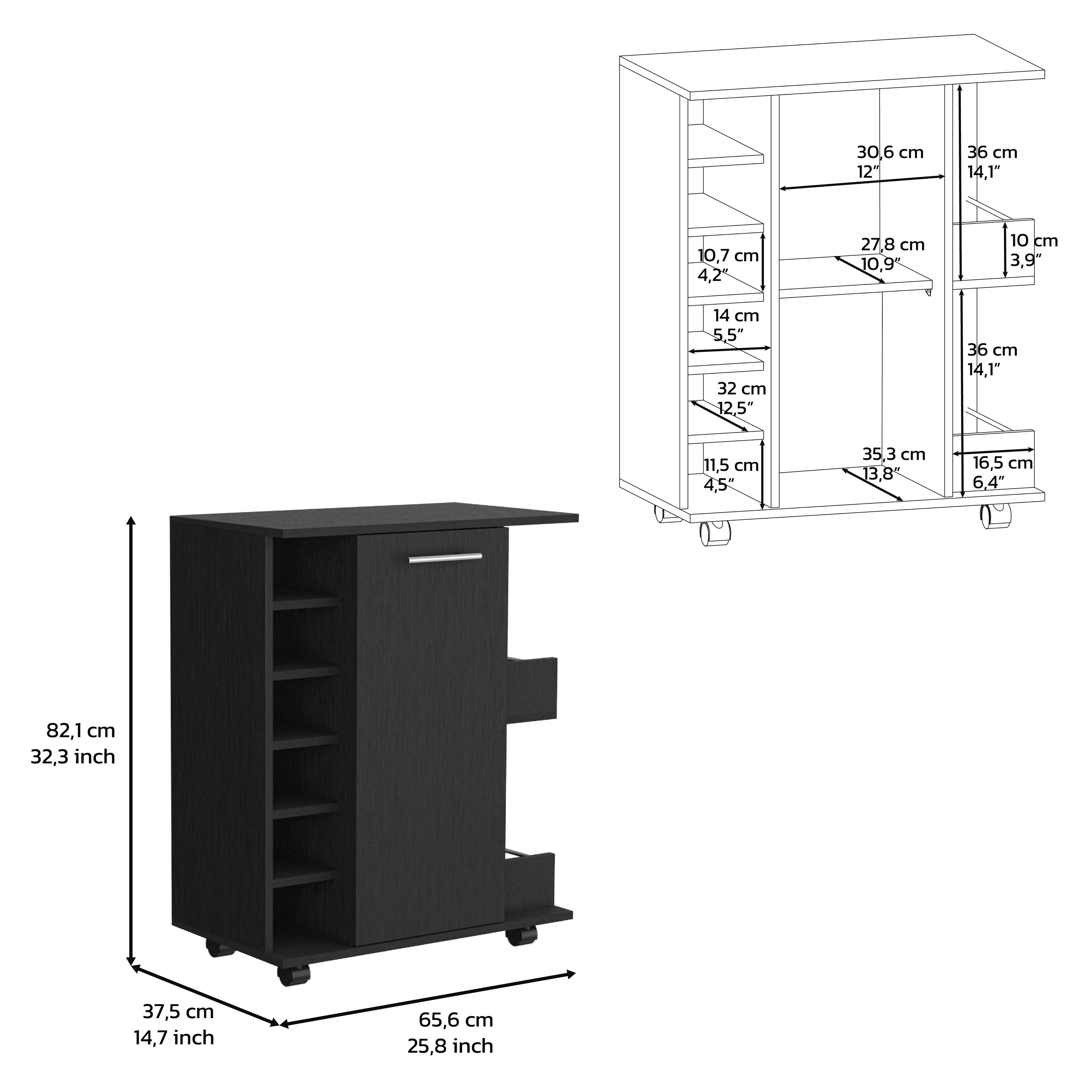 Black 4-wheel bar cart cabinet for kitchen or living room, with 6 side built-in bottle racks, 1 interior shelve, 2 side shelves, 2 space with wood door to store glasses, cups, coffee or snacks