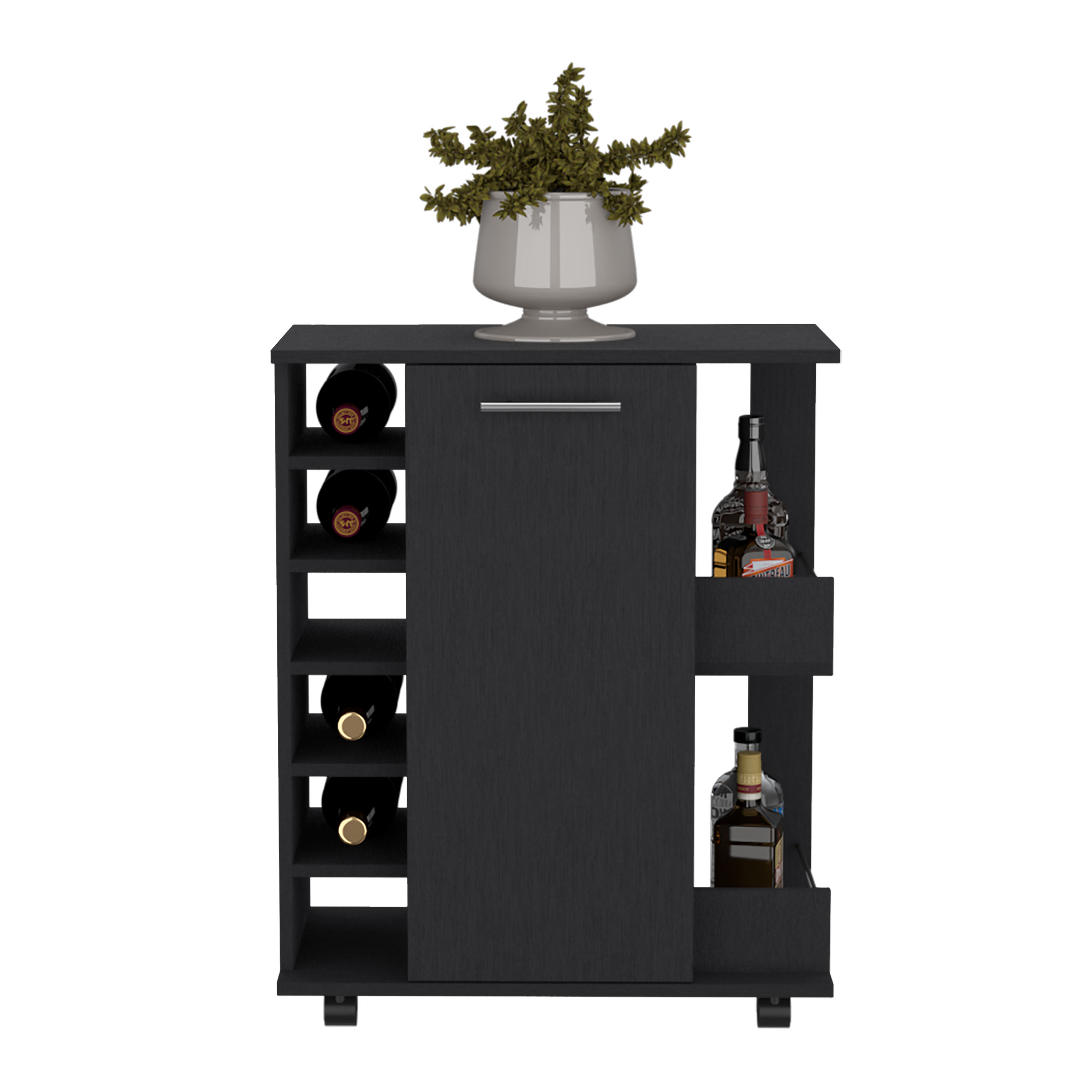 Black 4-wheel bar cart cabinet for kitchen or living room, with 6 side built-in bottle racks, 1 interior shelve, 2 side shelves, 2 space with wood door to store glasses, cups, coffee or snacks